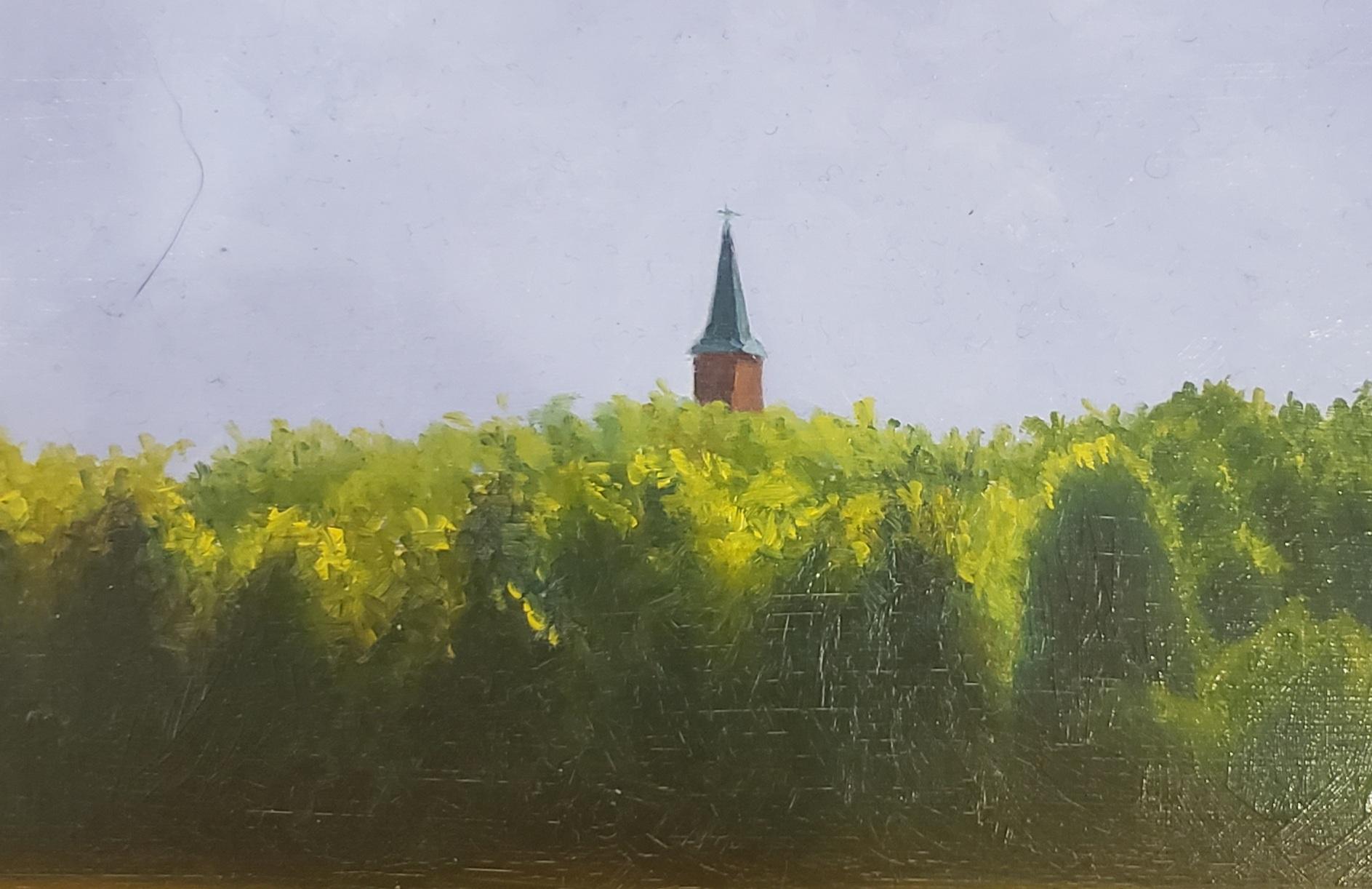 St. Mary's in Schulenburg, Realism, Oil Painting, Painted Churches of Texas - Beige Landscape Painting by Gary Hernandez