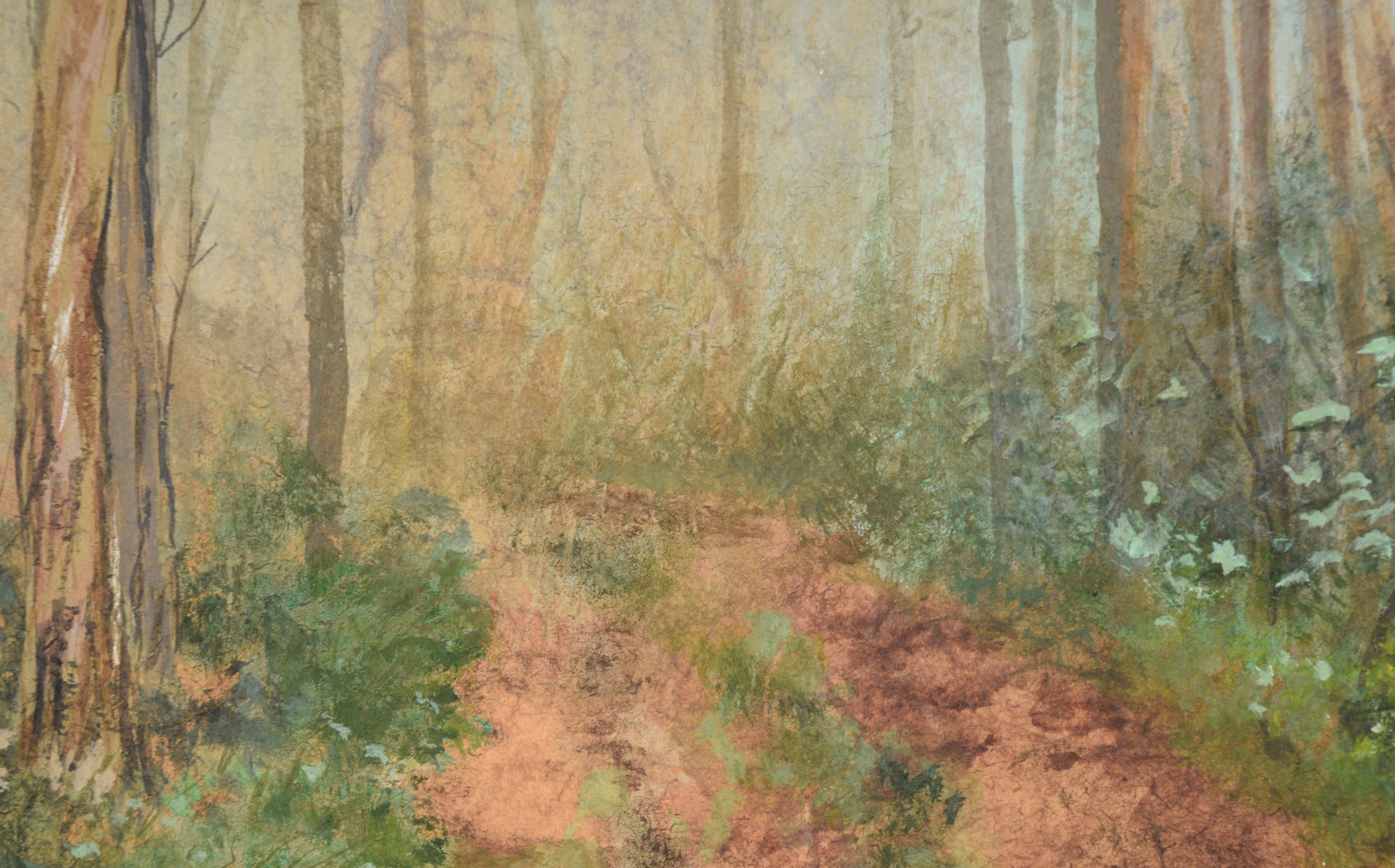 A beautiful, atmospheric forest scene by American artist Gary Hicks (American, 20th Century), c.1970's. A small trail invites the viewer into this misty forest landscape, where layers of trees dissipate into the distance. 

Signed 