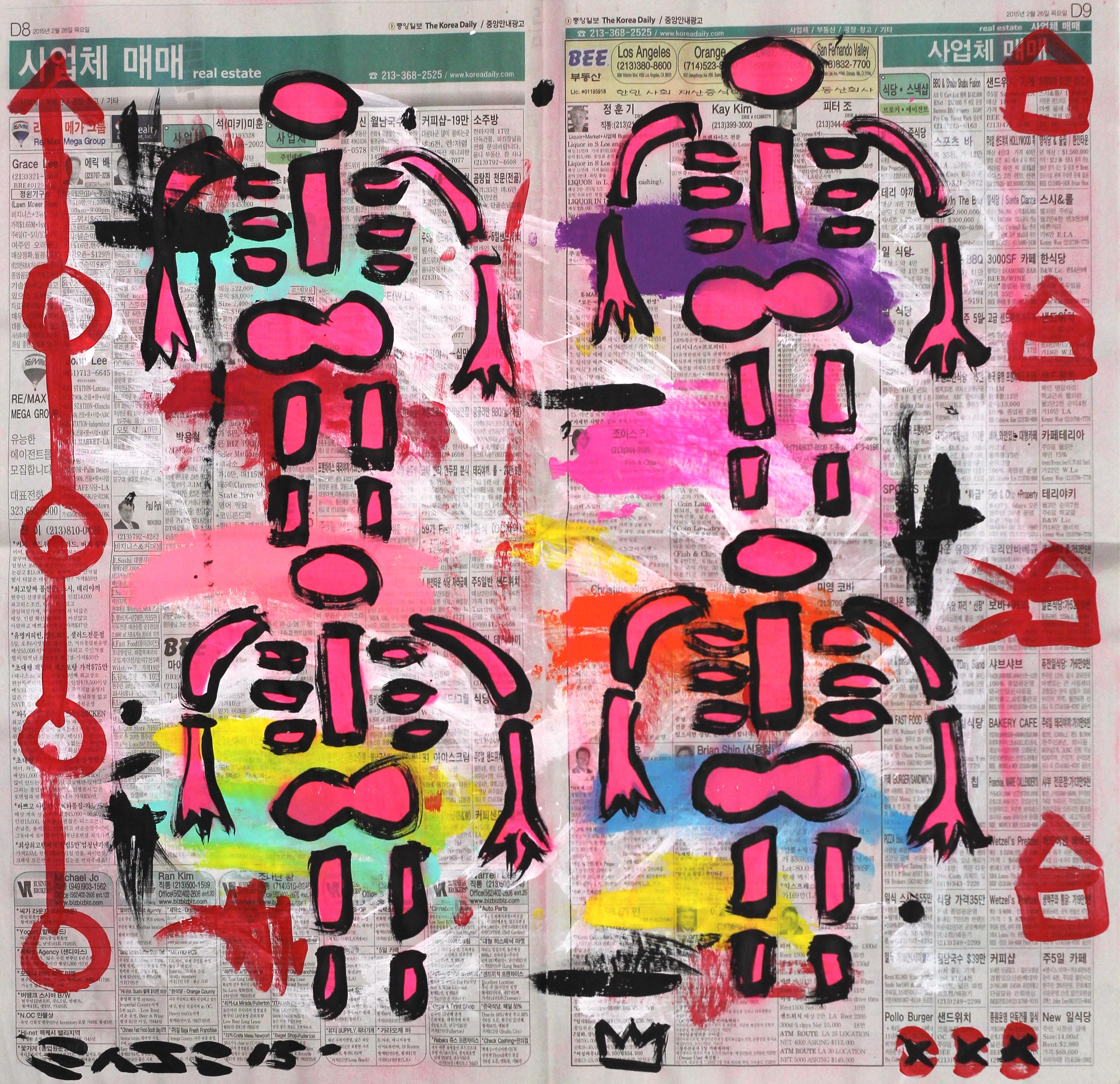 "4 Pink Skeletons" - Original Gary John Colorful Pop Street Art on Newspaper