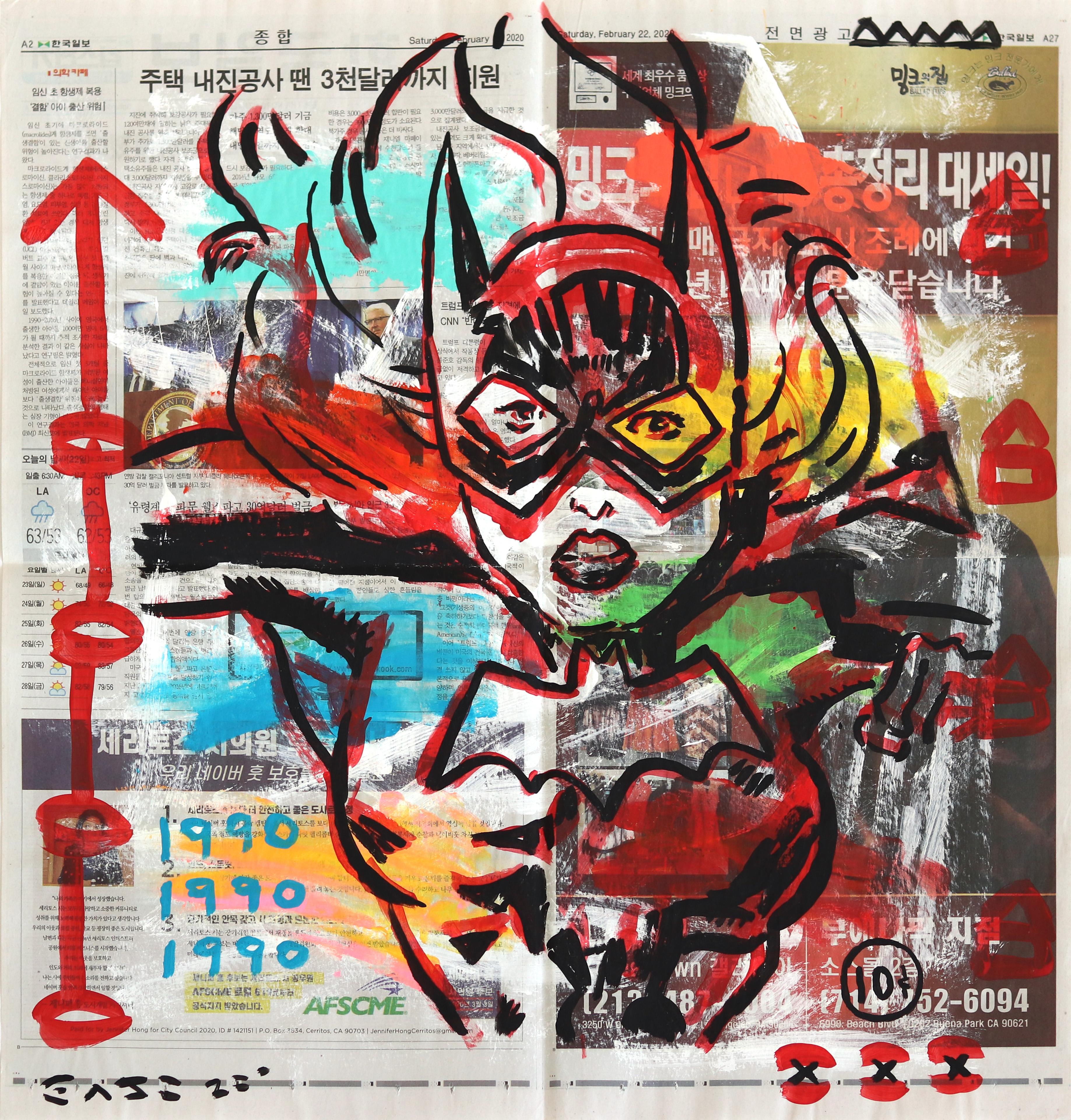 „Batwoman Punch“ Original Street Art auf Zeitung von Gary John