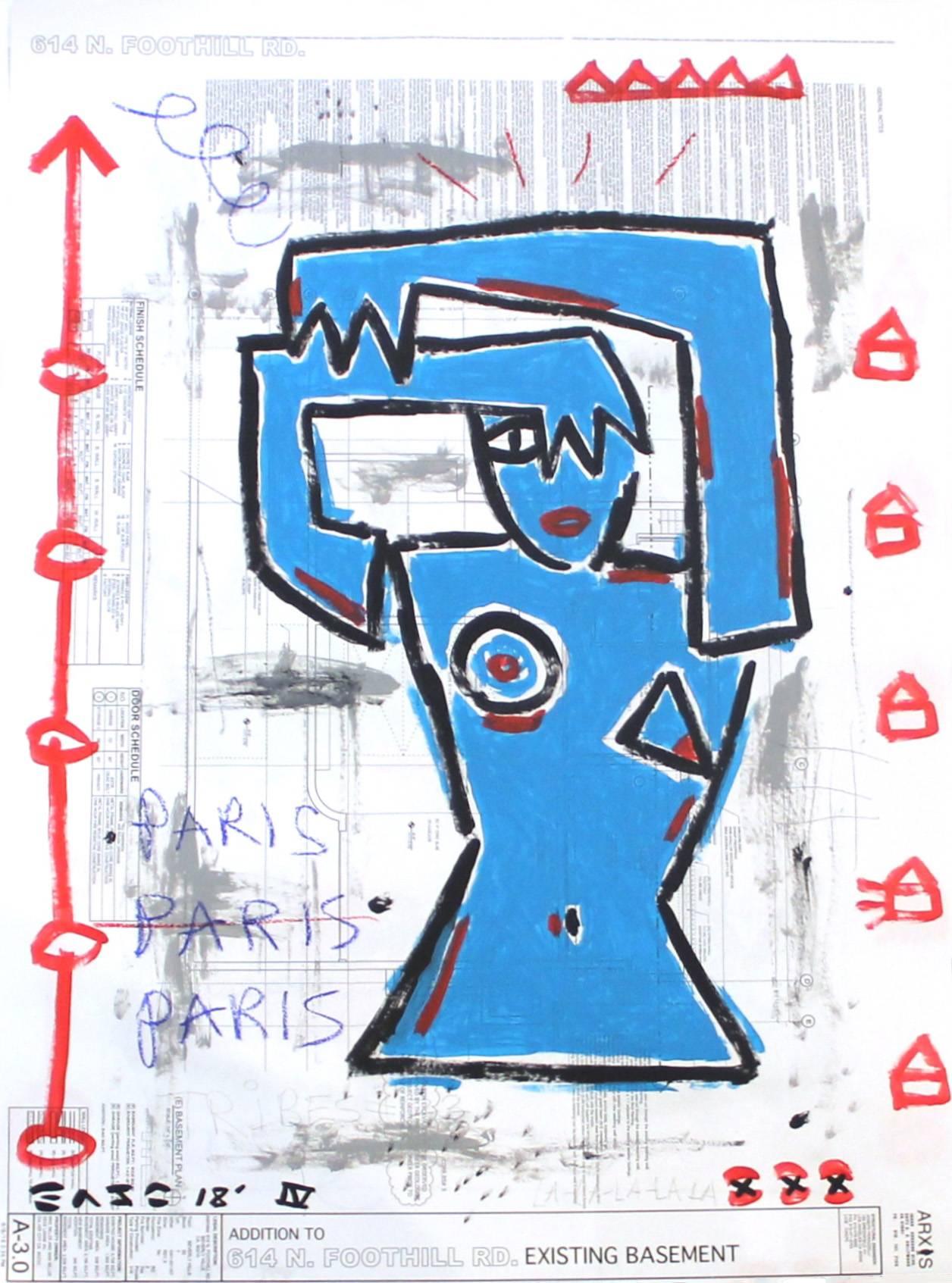 "Blue Phase" -  Original Figurative Cubist Pop Street Art Painting by Gary John