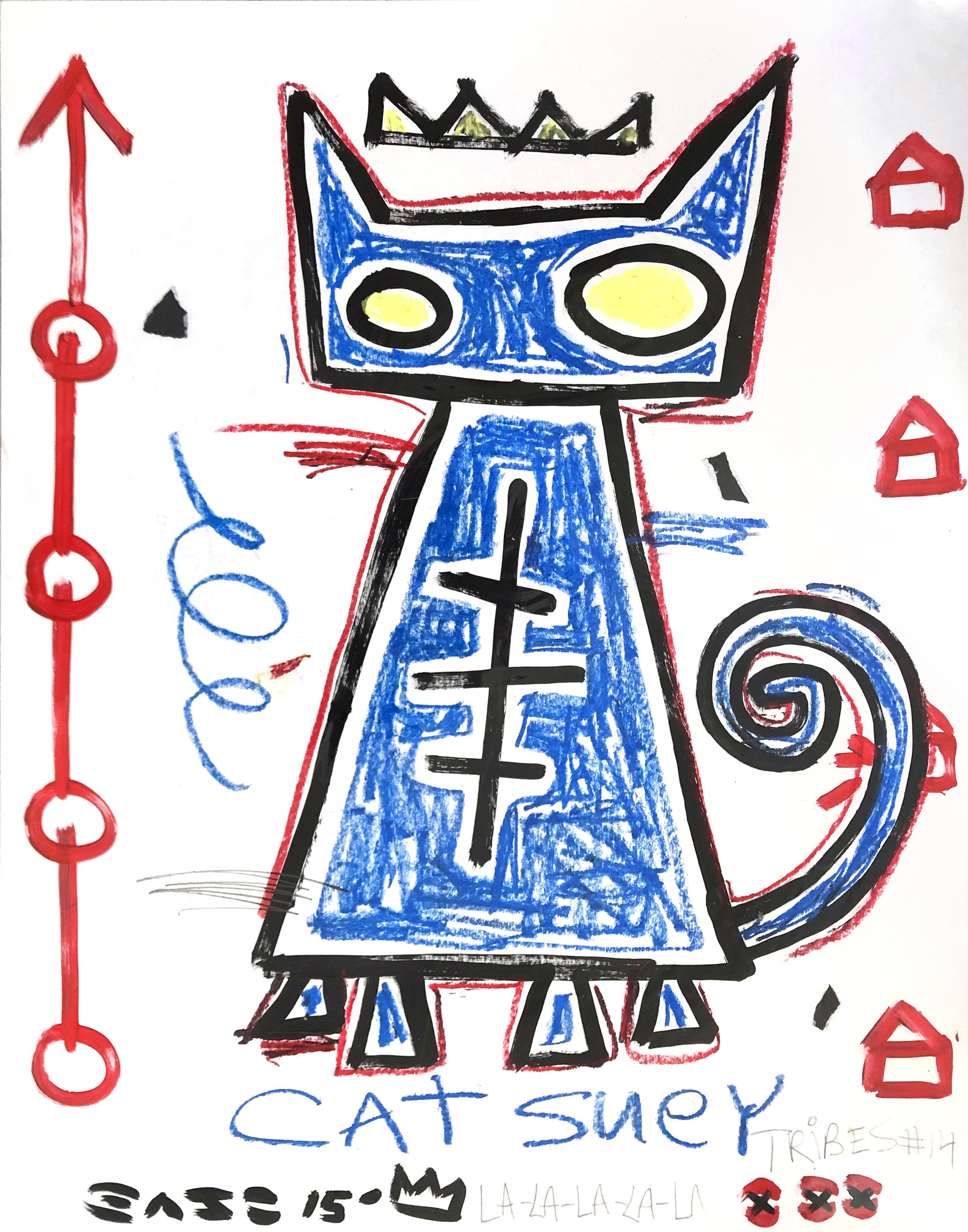 "Cat Suey" Azul Atrevido Arte Pop Contemporáneo de Inspiración Cubista de Gary John