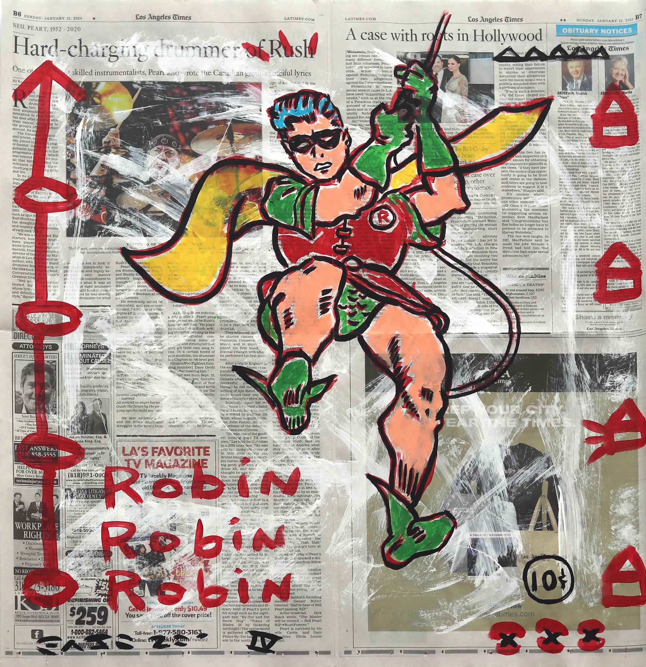 "Charging Robin" Original Pop Art on Newspaper by Gary John