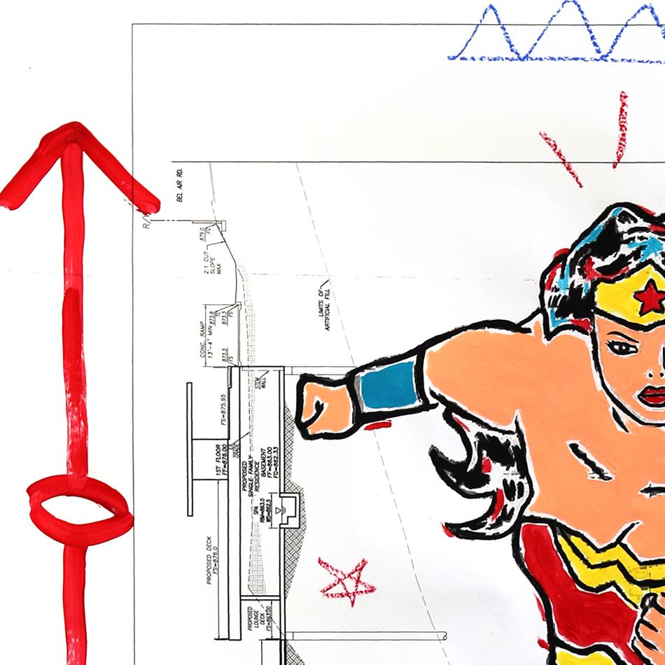 « Charging Wonder Woman '66 », grande peinture Pop Art originale sur architecture - Painting de Gary John