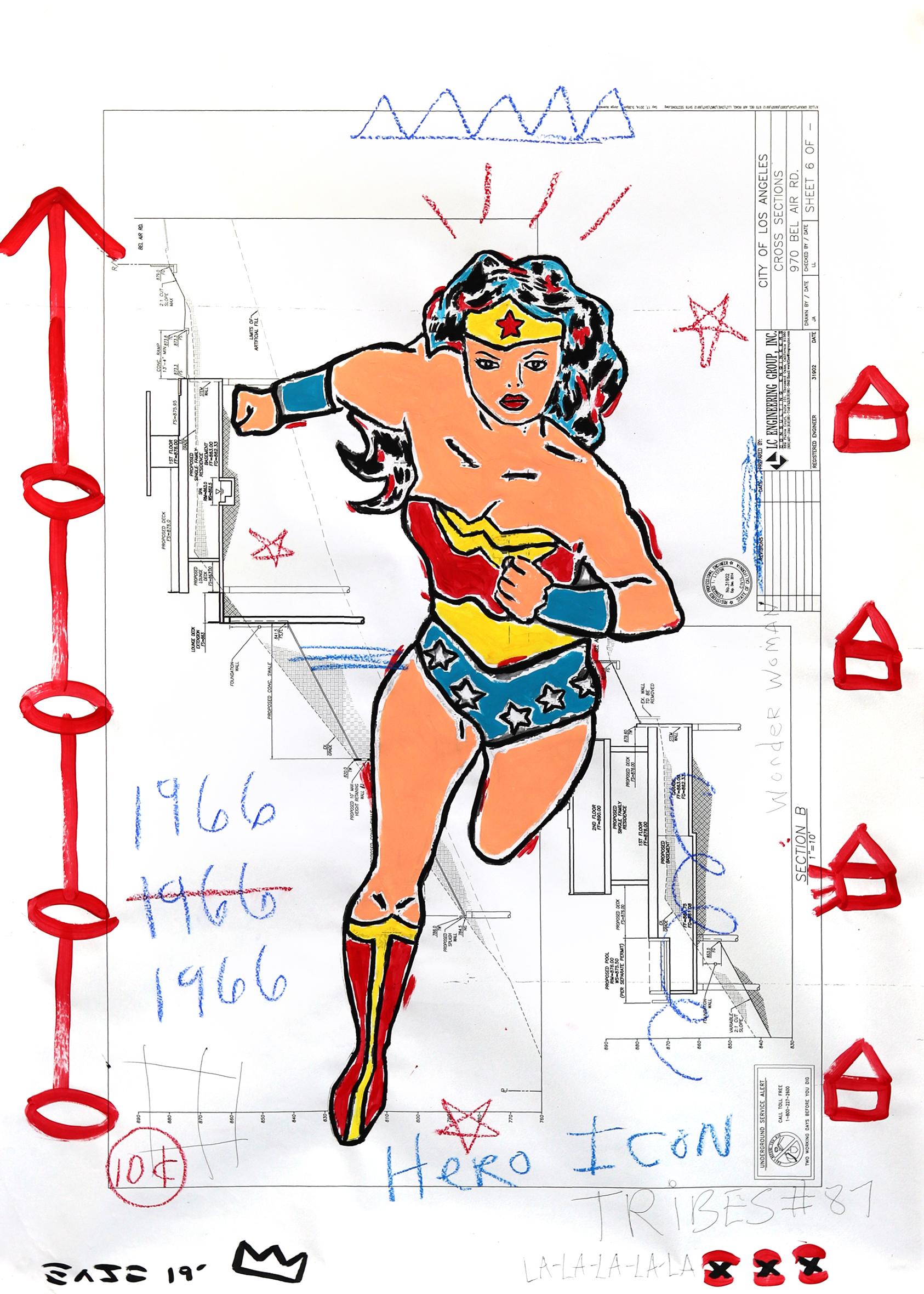 « Charging Wonder Woman '66 », grande peinture Pop Art originale sur architecture