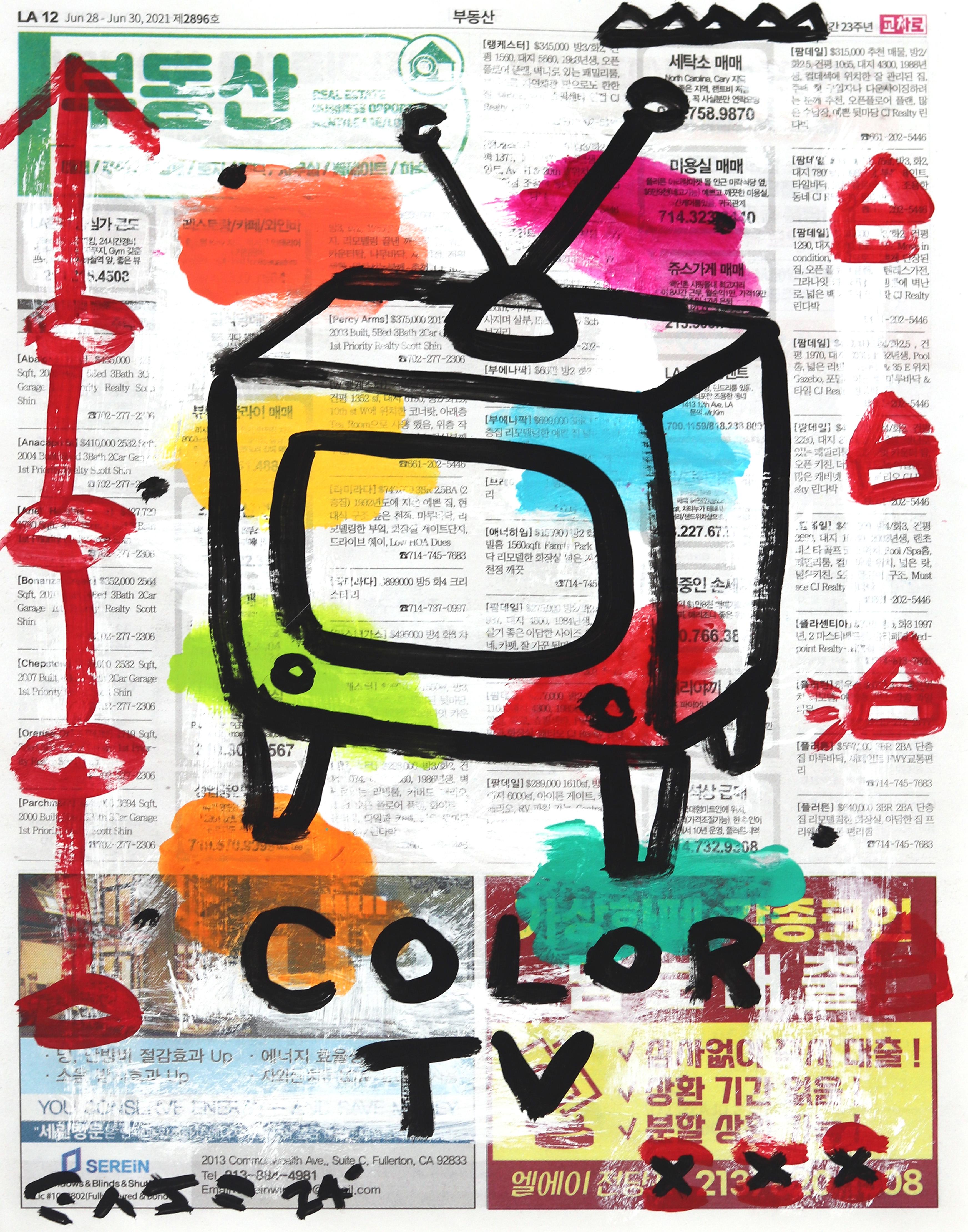 Color TV - Pittura Street Art originale di Gary John su carta da giornale