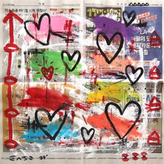 Colorful Love - Opera d'arte originale Pop Heart su carta da giornale di Gary Johns