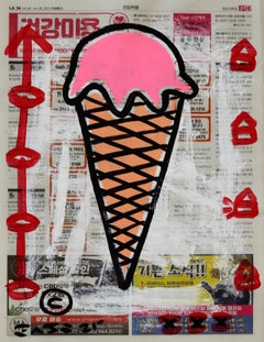 "Confection Perfection" - Original Pink Ice Cream Cone Pop Painting on Newspaper