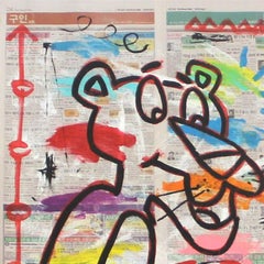 "Gato curioso en 3D" - Arte callejero pop de la Pantera Rosa en papel de periódico por Gary John