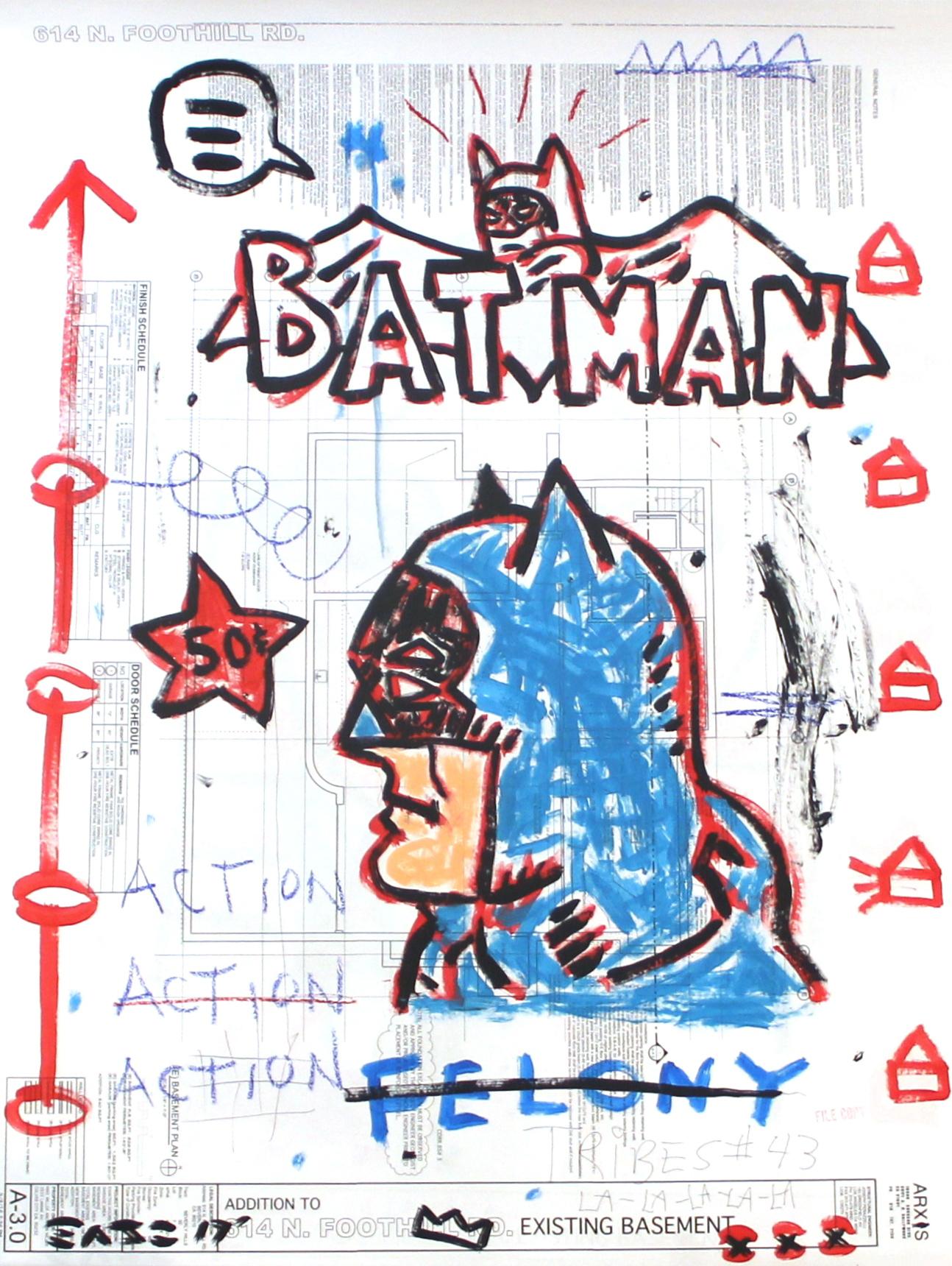 Figurative Painting Gary John - « Don't Speak », grande peinture Pop Art originale de Batman sur papier architectural 