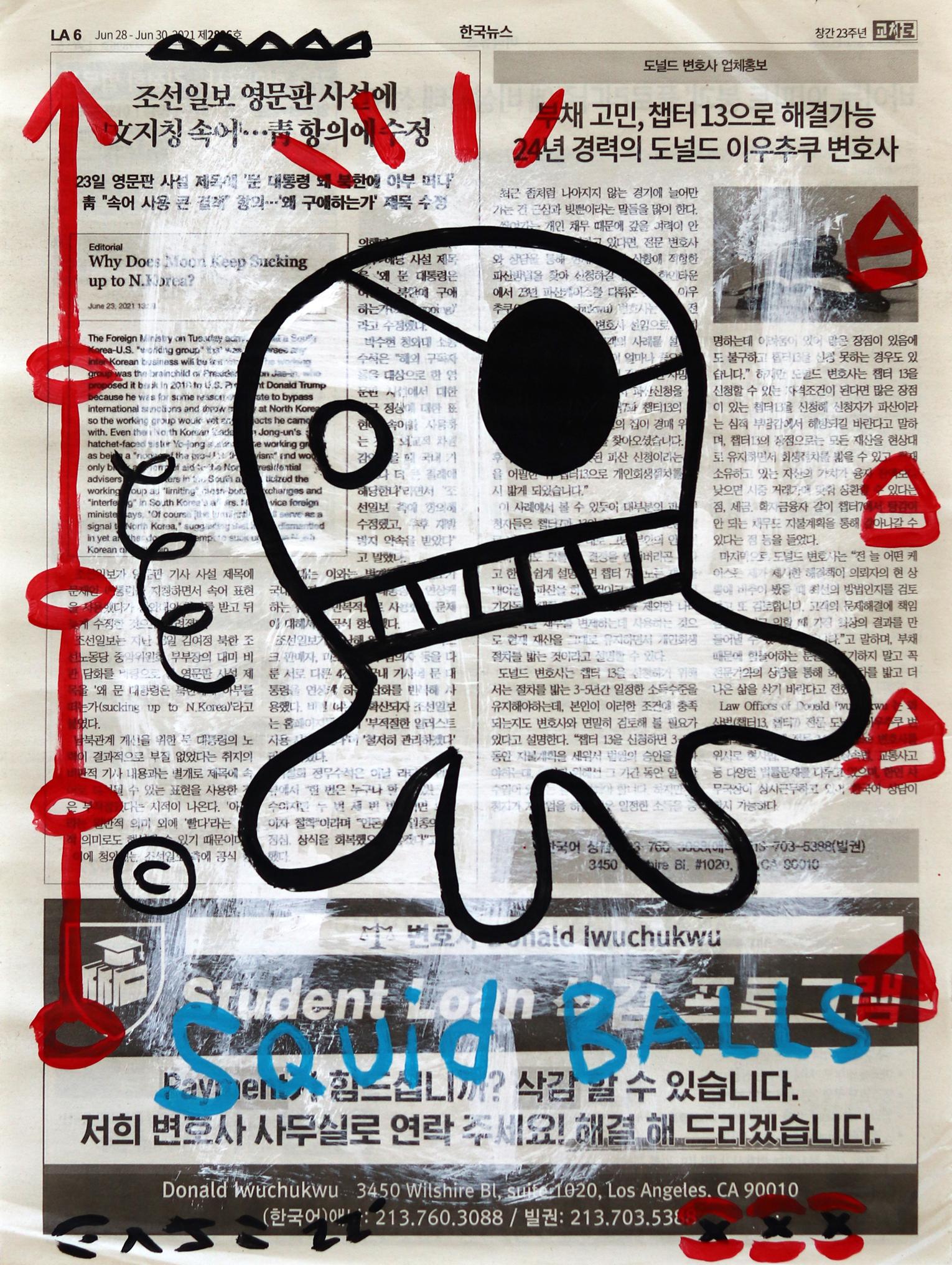 "Eye Patch Squid" Pop Art Painting on Newspaper by Gary John