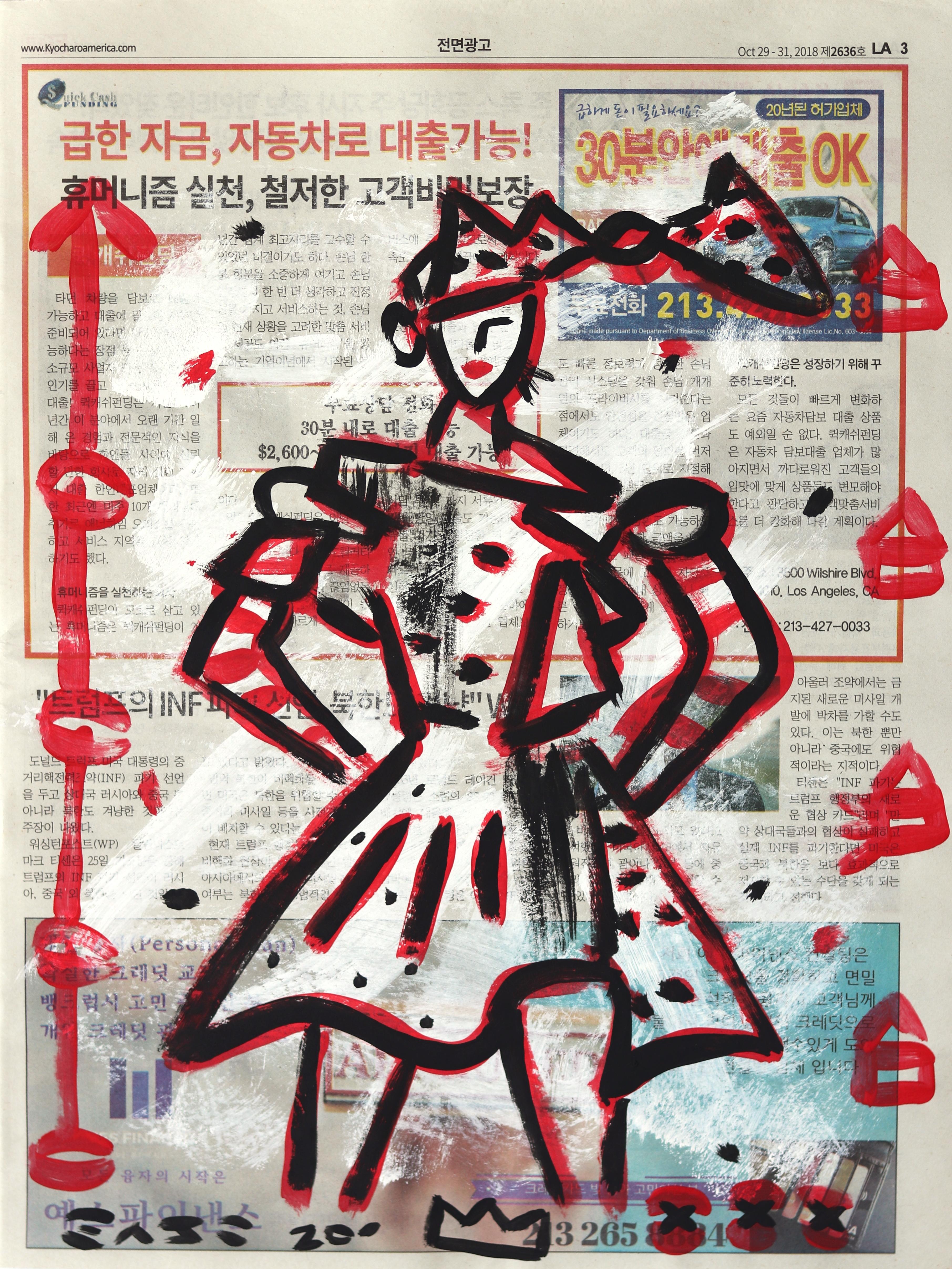 Figurative Painting di Gary John - Fashionista - Street Art originale in nero e rosso su carta da giornale