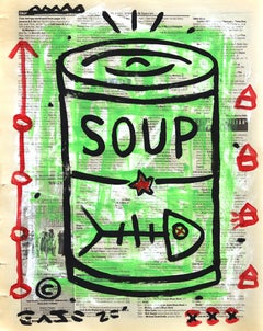 "Fish Can" - Original Green Gary John Contemporary Pop Painting on Newspaper