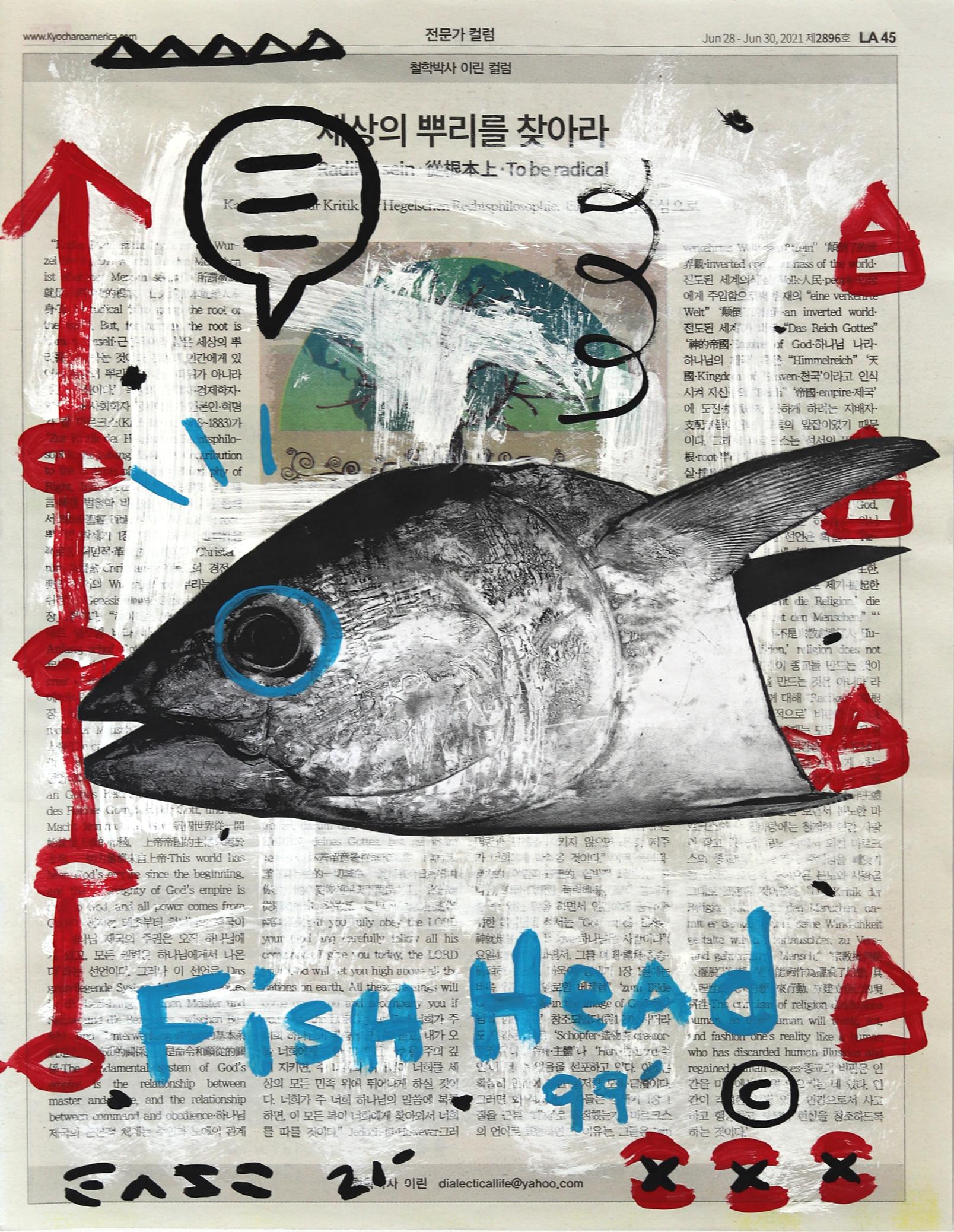 "Fish Head 99" - Peinture originale sur papier journal en techniques mixtes