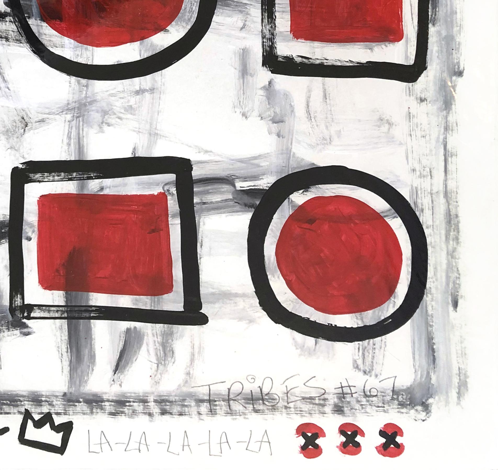 Cinco círculos y cuatro cuadrados - Pintura roja geométrica original de Gary John en venta 1