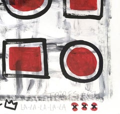 Fünf Kreise und vier Quadrate – Originales geometrisches rotes Original-Kunstgemälde von Gary John