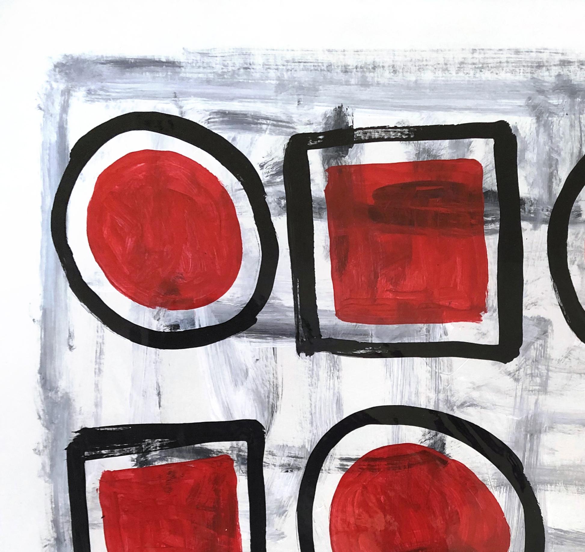 Cinco círculos y cuatro cuadrados - Pintura roja geométrica original de Gary John en venta 2