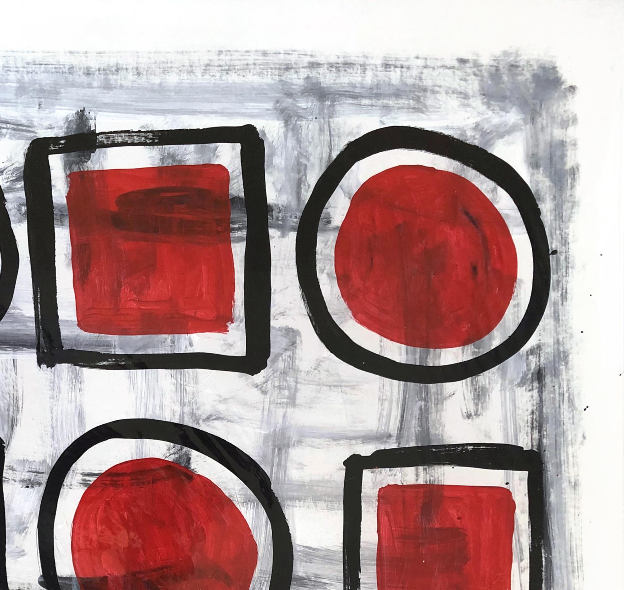 Cinco círculos y cuatro cuadrados - Pintura roja geométrica original de Gary John en venta 3