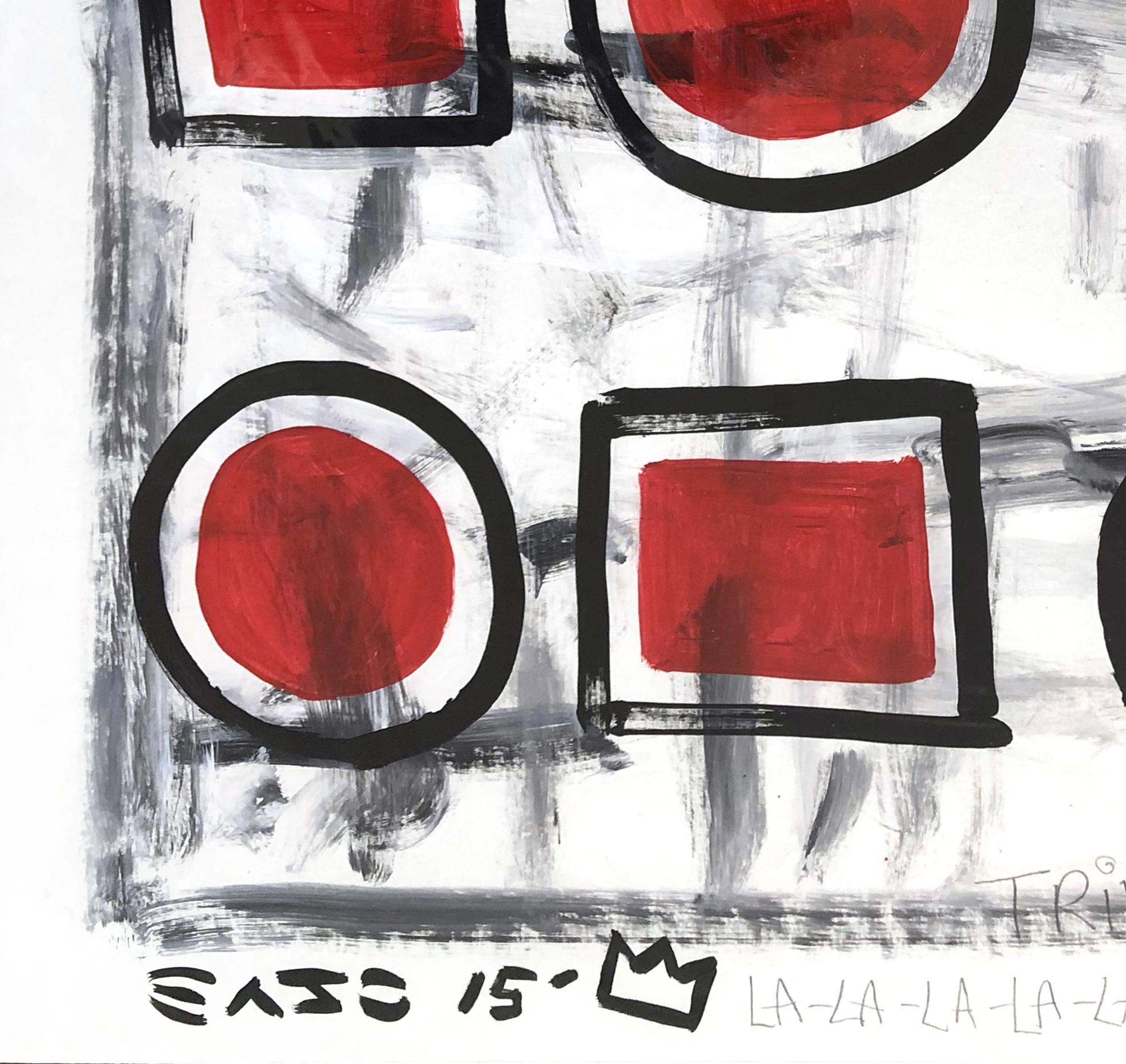 Cinco círculos y cuatro cuadrados - Pintura roja geométrica original de Gary John en venta 4