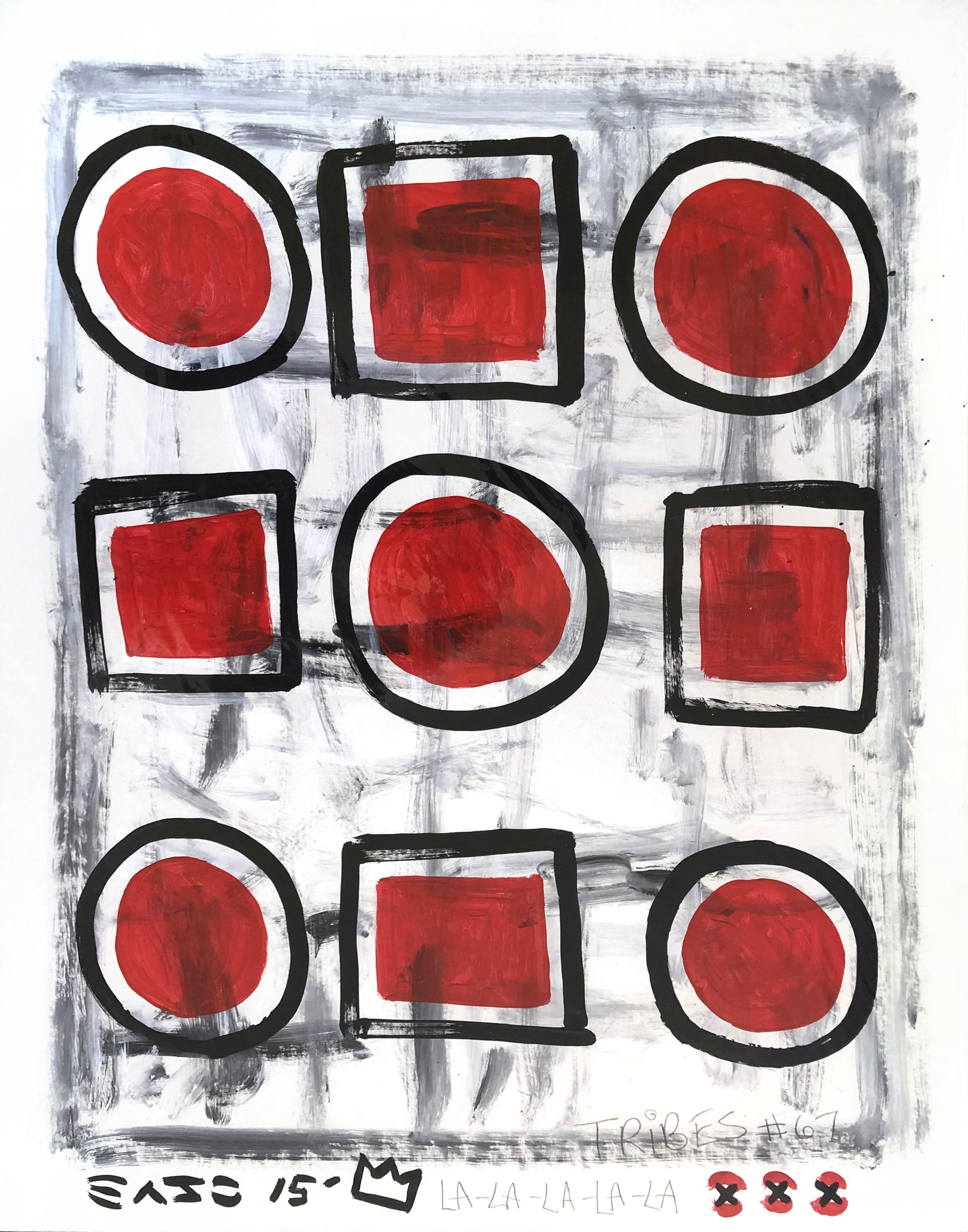 Cinque cerchi e quattro quadrati - Quadro geometrico originale in rosso di Gary Johns
