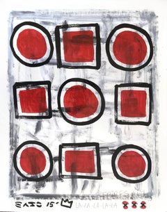 Cinque cerchi e quattro quadrati - Quadro geometrico originale in rosso di Gary Johns