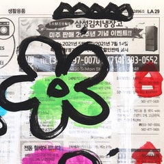 Campos de flores - Pintura multicolor original de Gary John sobre papel de periódico