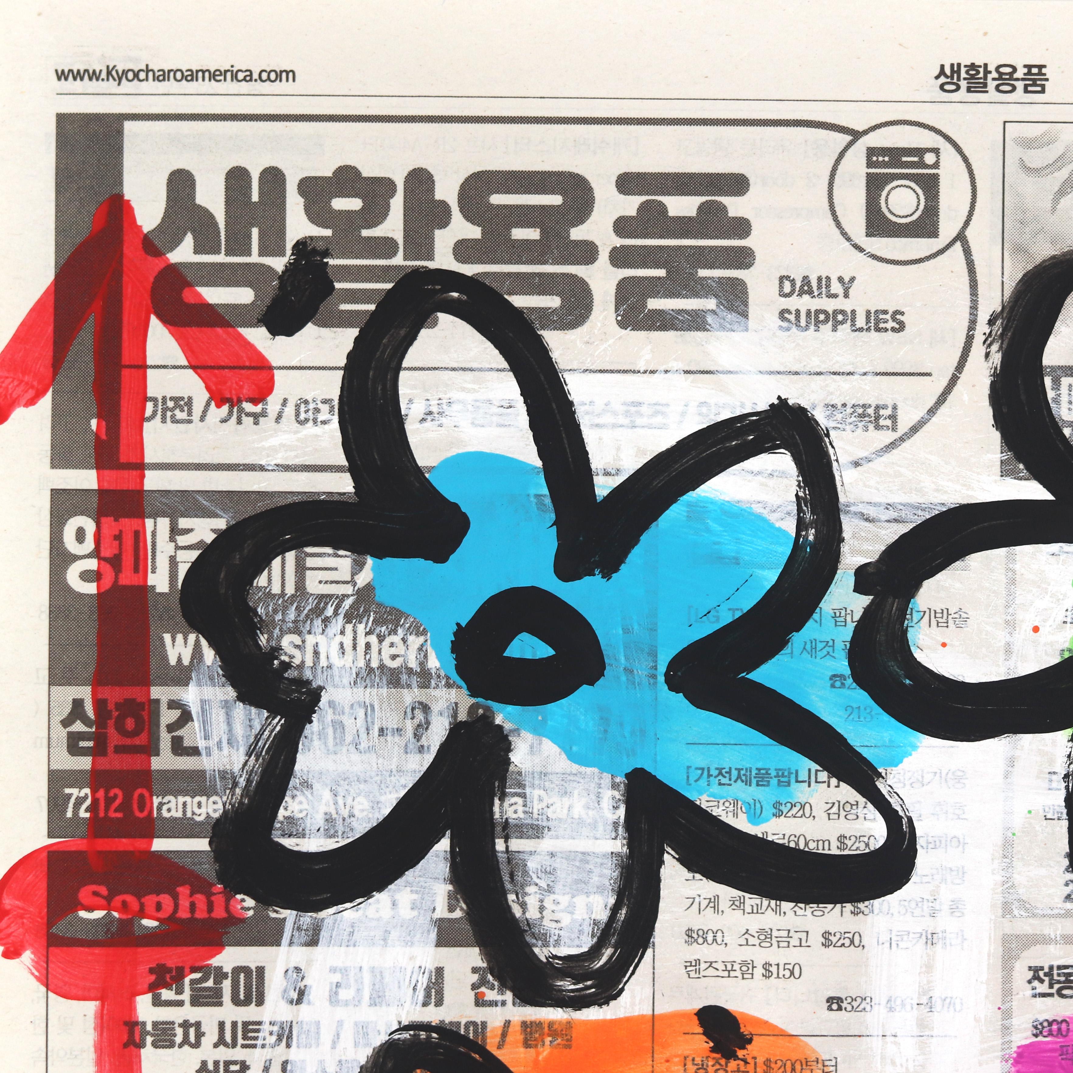 Flower Fields - Original Gary John Street Art Multicolor Painting on Newspaper For Sale 2