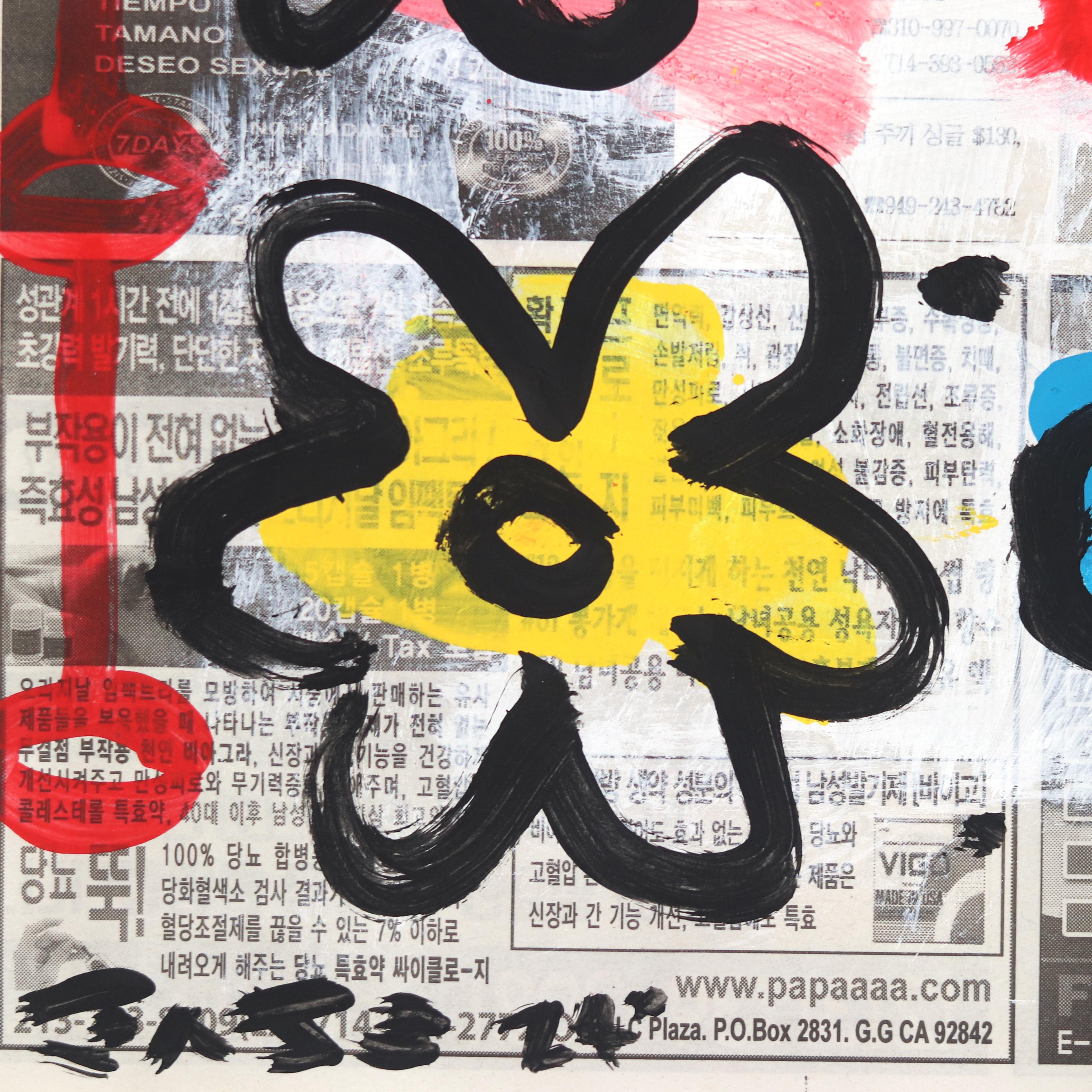 Flower Fields - Original Gary John Street Art Multicolor Painting on Newspaper For Sale 4