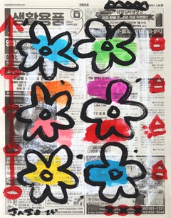 Flower Fields - Original Gary John Street Art Multicolor Painting on Newspaper