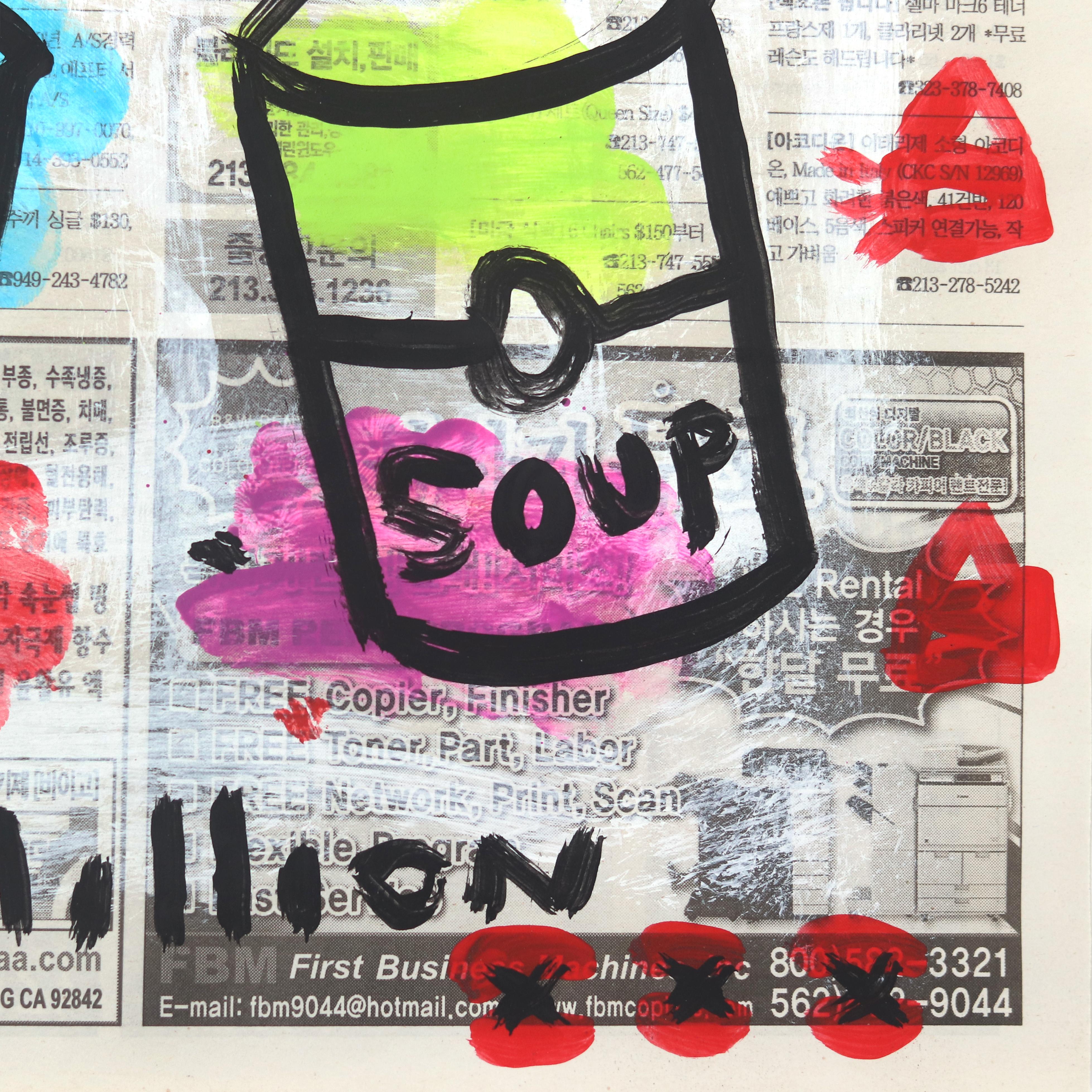 Vier Suppenschüsseln – farbenfrohes abstraktes Pop-Art-Gemälde auf Zeitungspapier von Gary John im Angebot 1