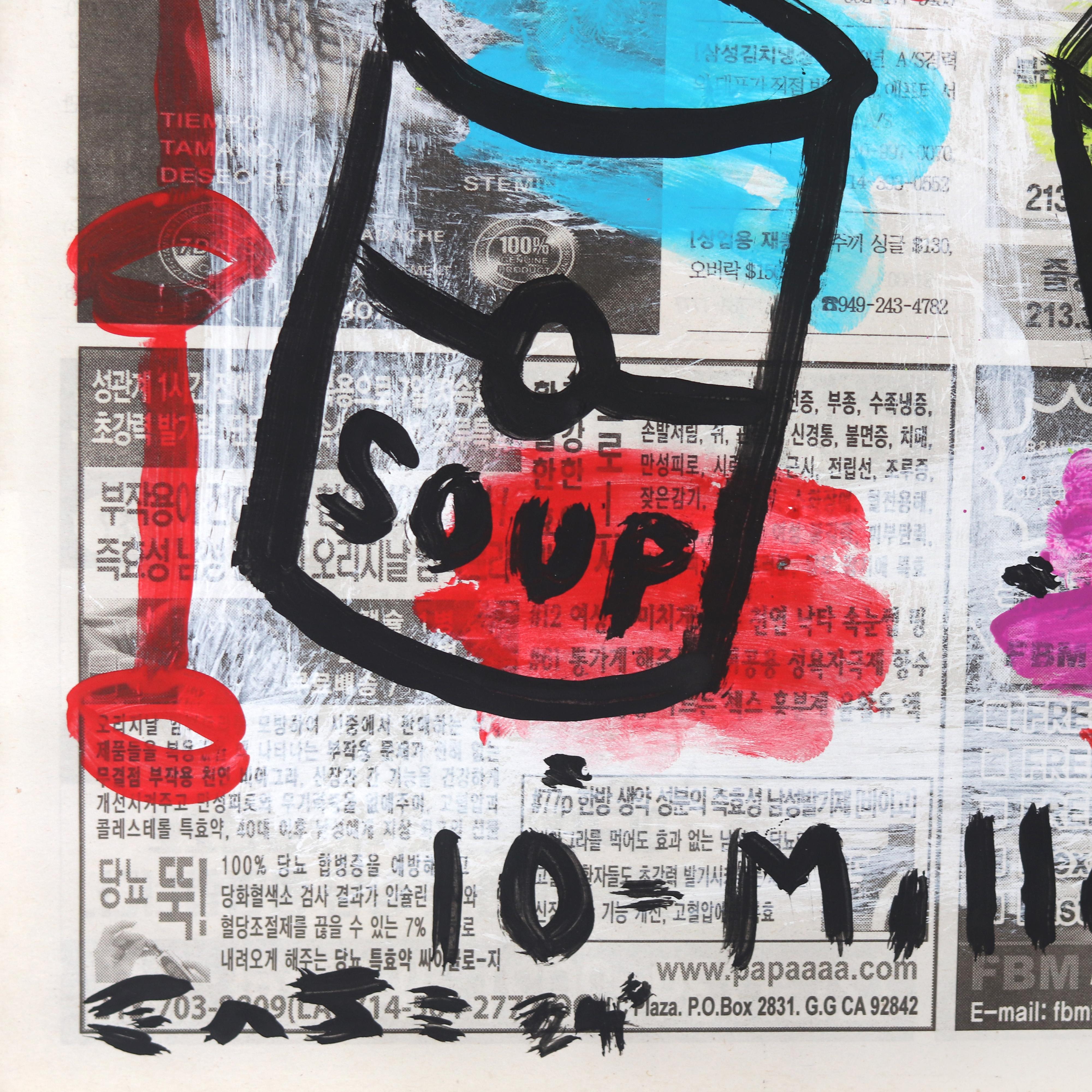 Vier Suppenschüsseln – farbenfrohes abstraktes Pop-Art-Gemälde auf Zeitungspapier von Gary John im Angebot 4