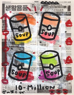 Four Soups - Peinture Pop Art abstraite colorée sur papier journal de Gary John