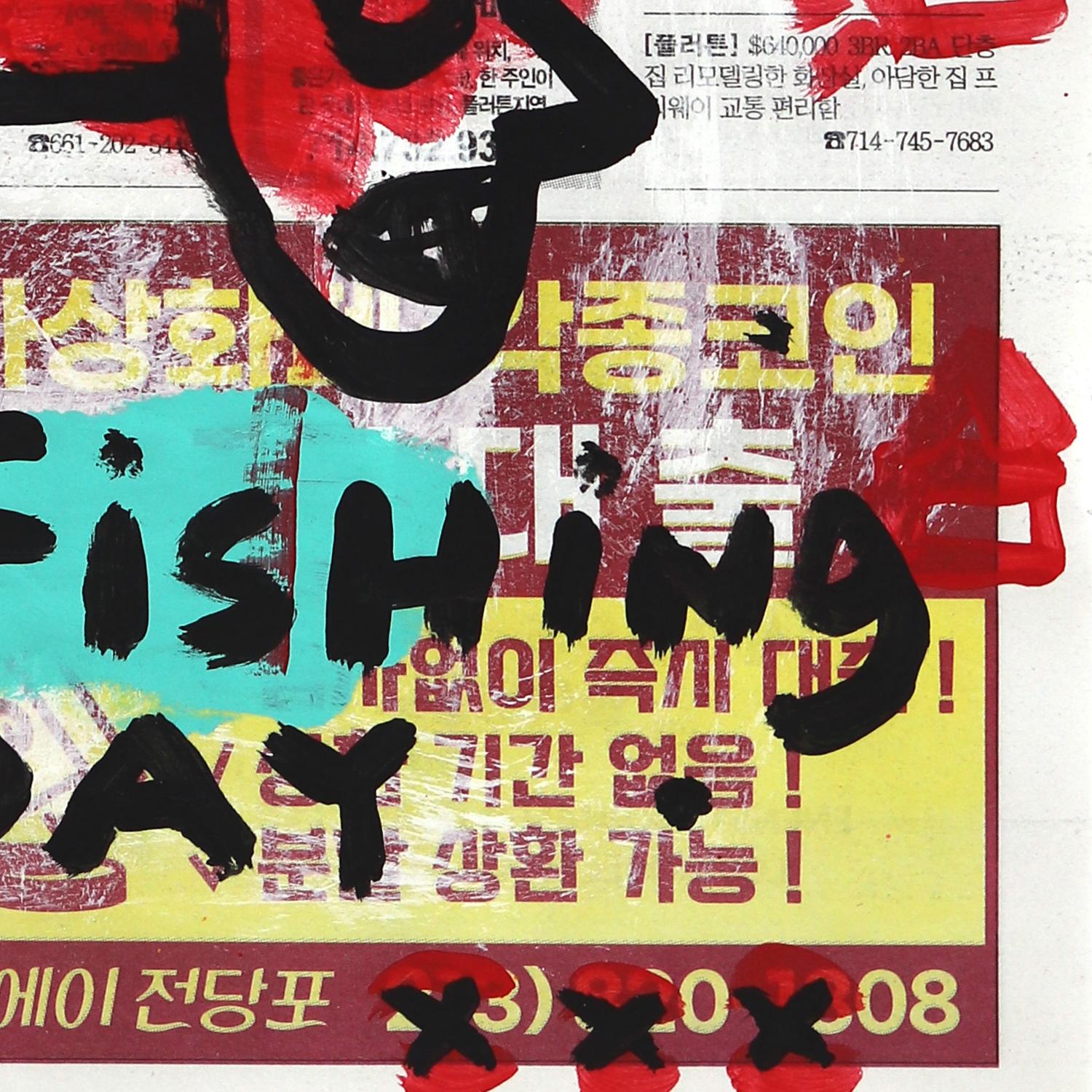 Gone Fishing Today - Pintura callejera original de Gary John sobre periódico en venta 4