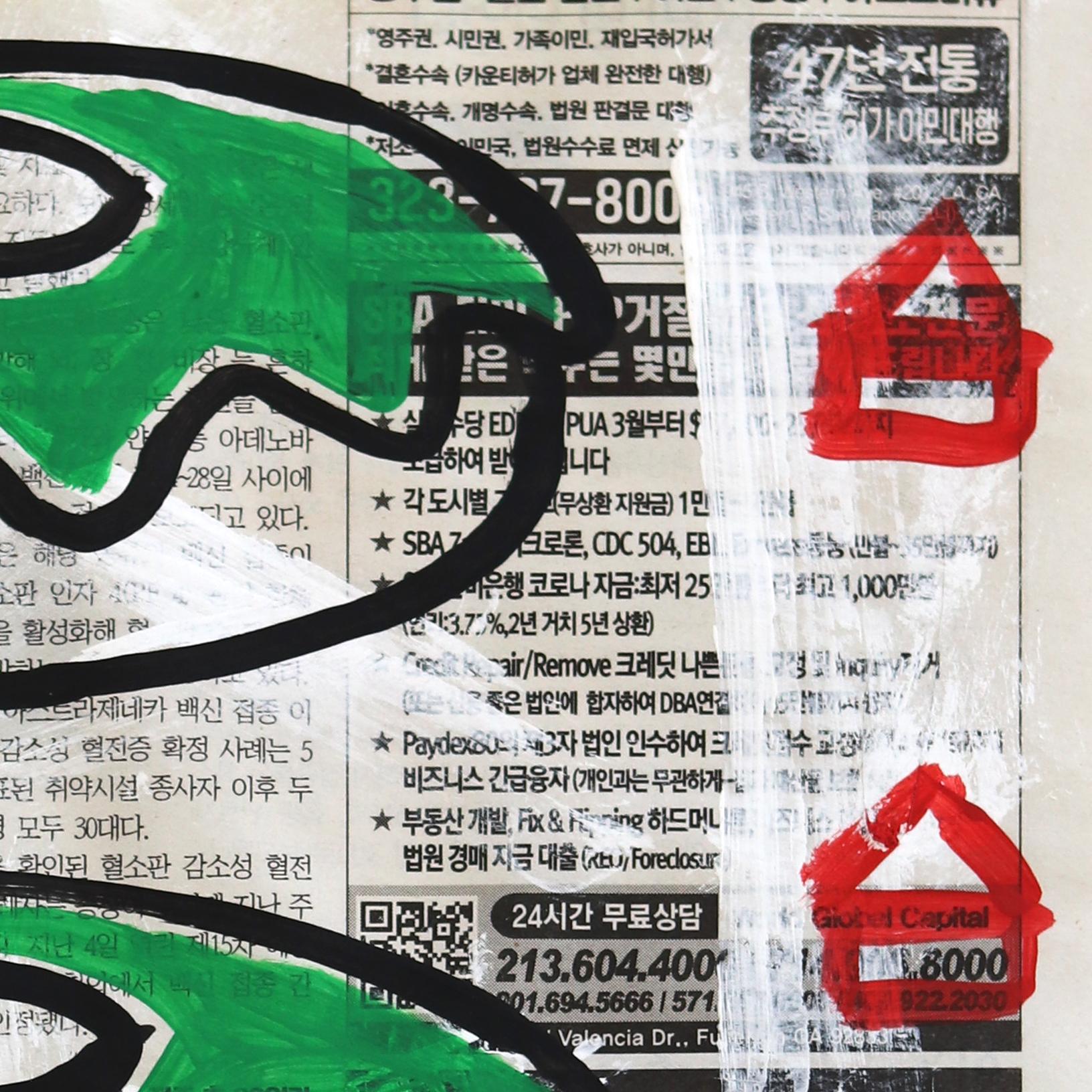 Sueño verde - Pintura callejera original de Gary John sobre papel de periódico con motivos alimentarios en venta 1