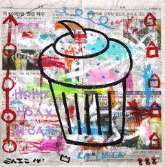 "Hoax" - Original Colorful Cupcake Pop Street Art on Newspaper by Gary John