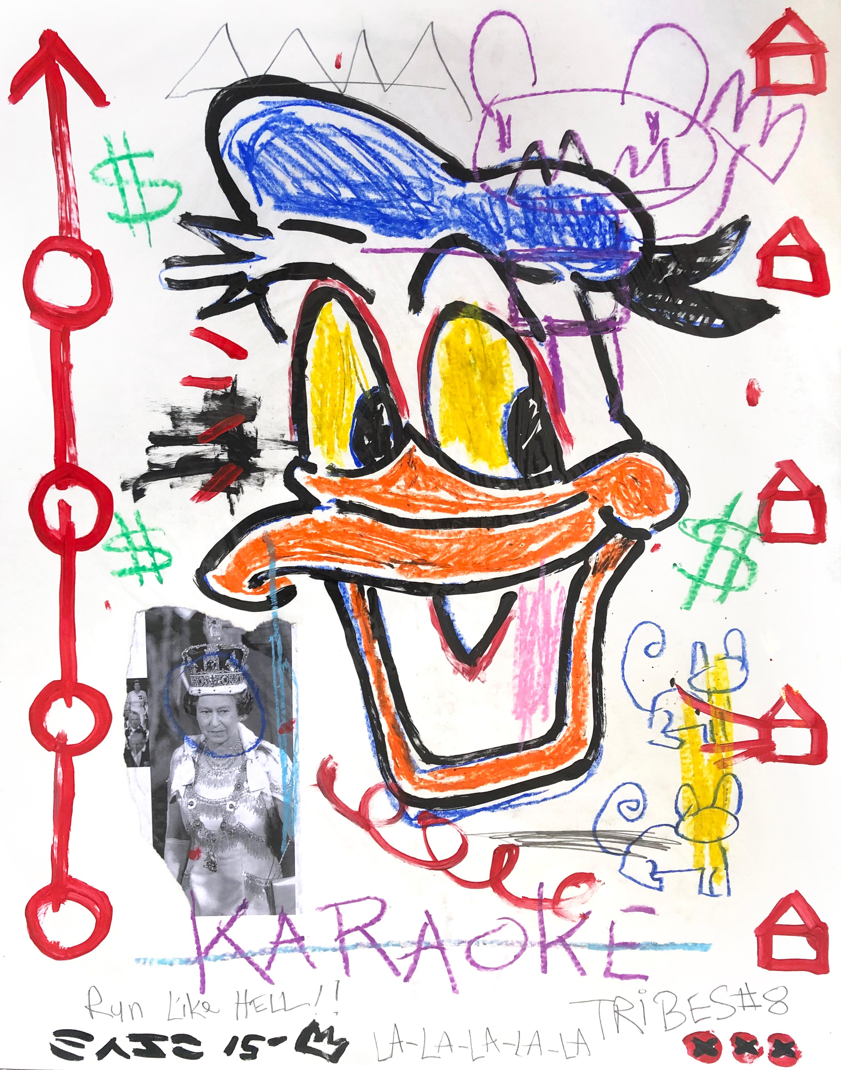 „Karaoke Duck“ Original Pop-Art inspiriert von Donald Duck und Königin Elizabeth – Mixed Media Art von Gary John