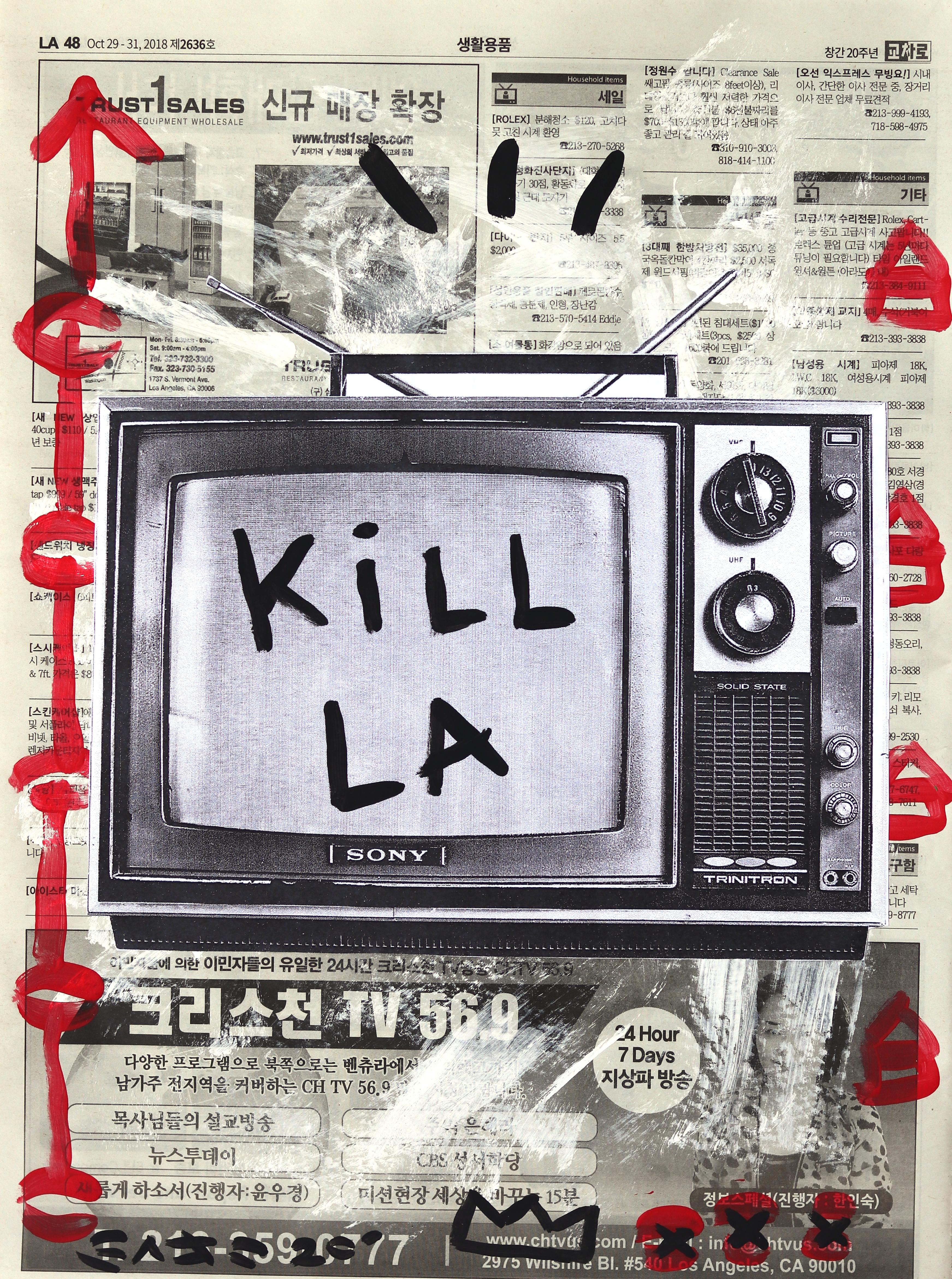 Figurative Painting di Gary John - Kill TV - Opera d'arte di strada originale su carta da giornale