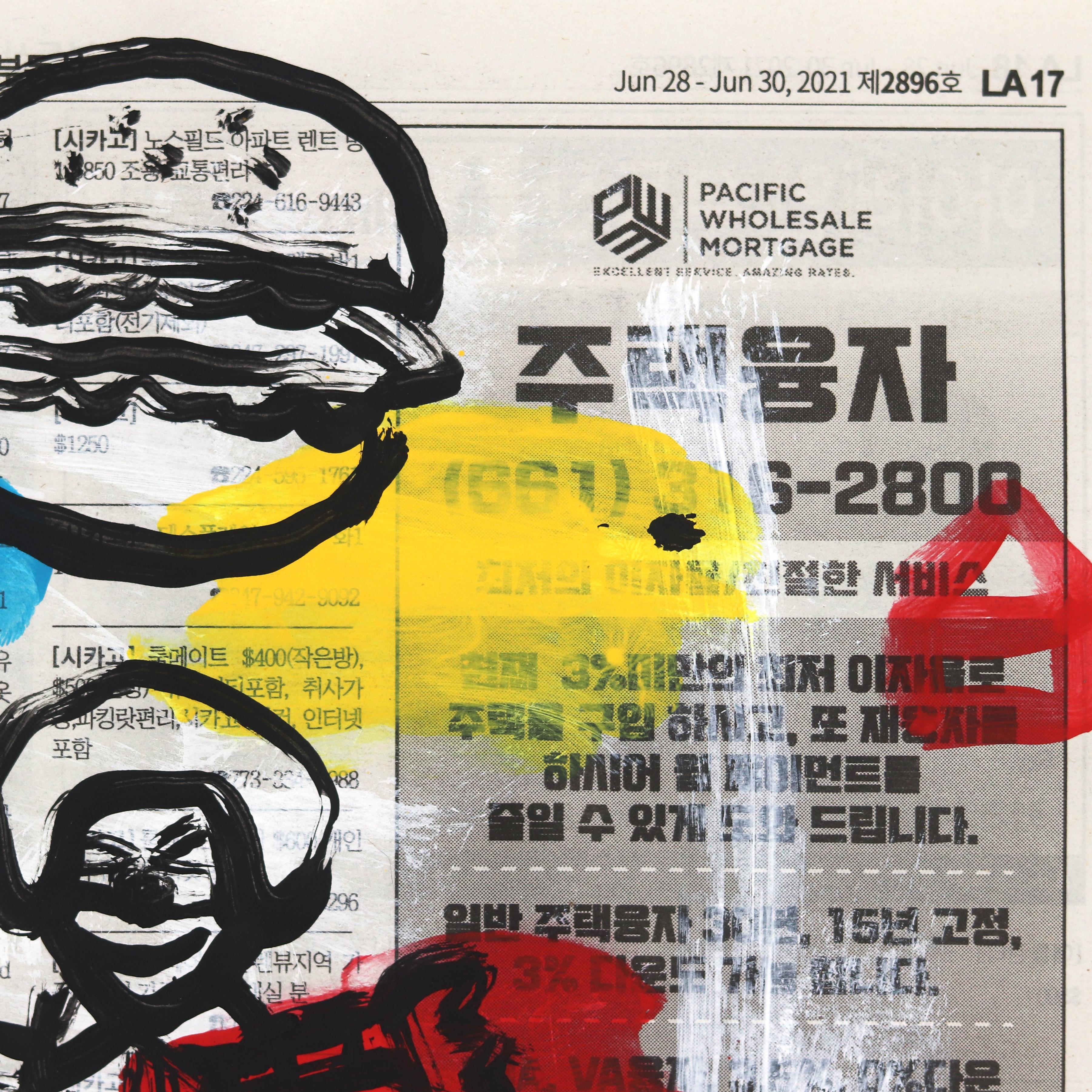 Hamburguesa asesina - Pintura original de Gary John de arte callejero de comida rápida sobre papel de periódico en venta 2