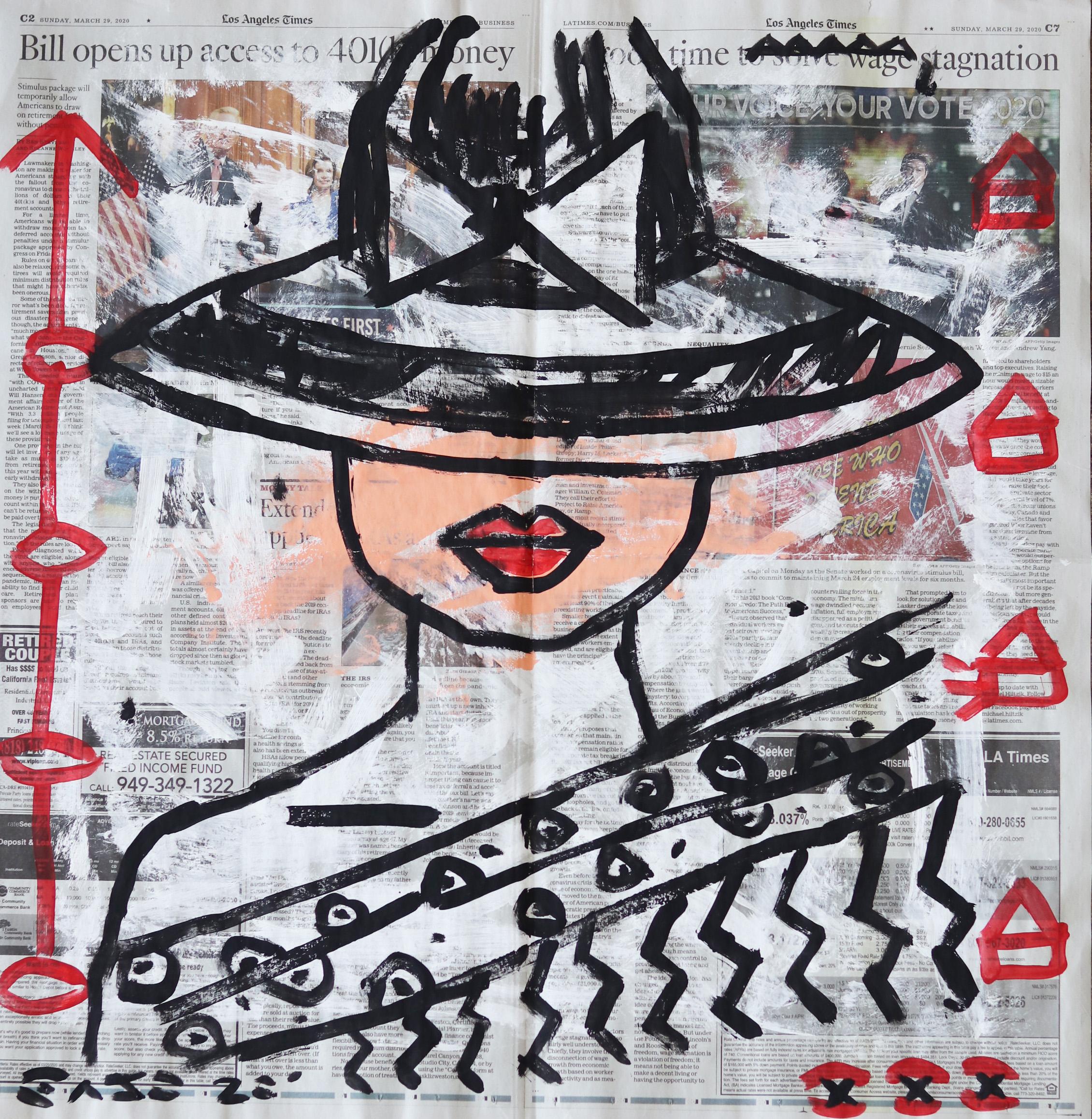 "Lady in LA Times" Original Monochrome Mysterious Figurative Street Art Painting