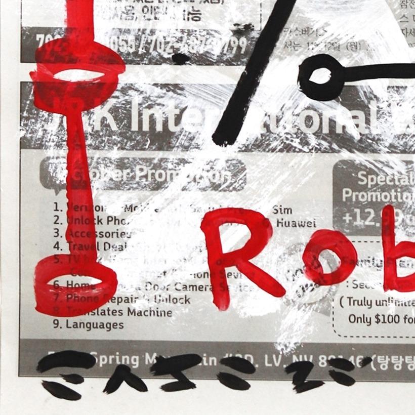 Little Love Bot - Black and Red Street Art on Newspaper by Gary John For Sale 1