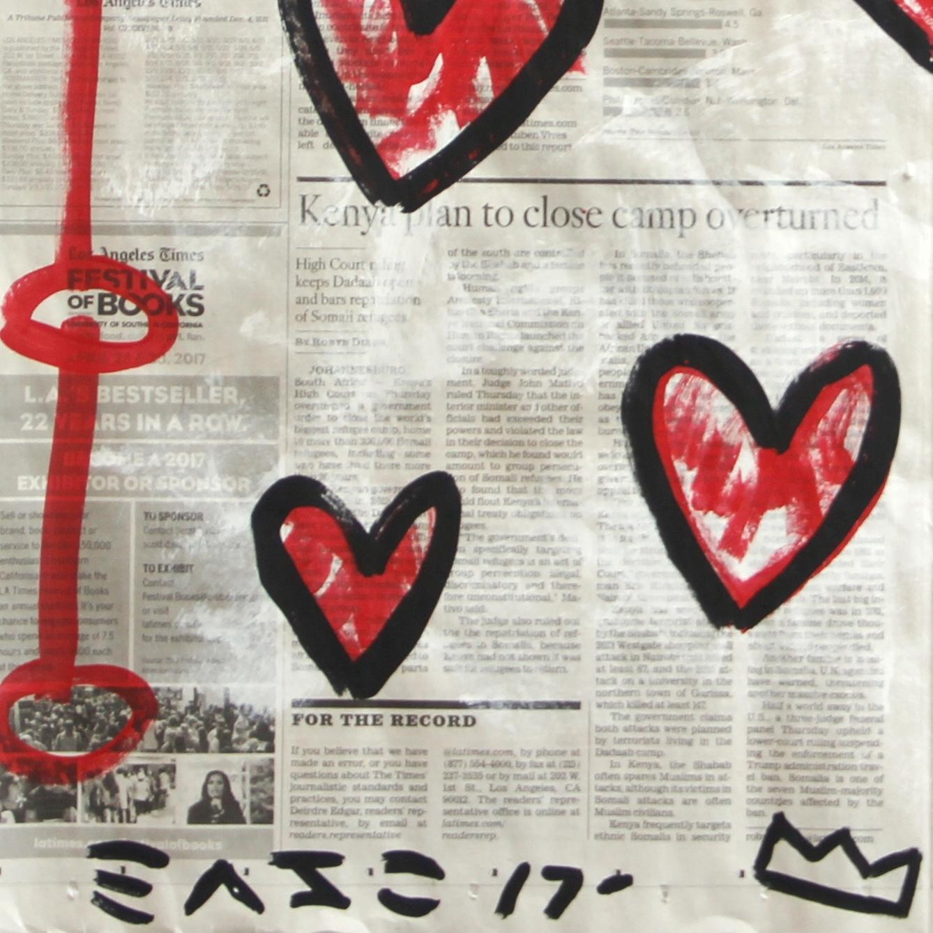 „Love for the Record“ – Original Pop Red Hearts on Newspaper von Gary John im Angebot 3