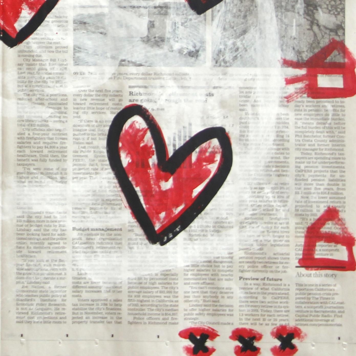 „Love for the Record“ – Original Pop Red Hearts on Newspaper von Gary John im Angebot 4