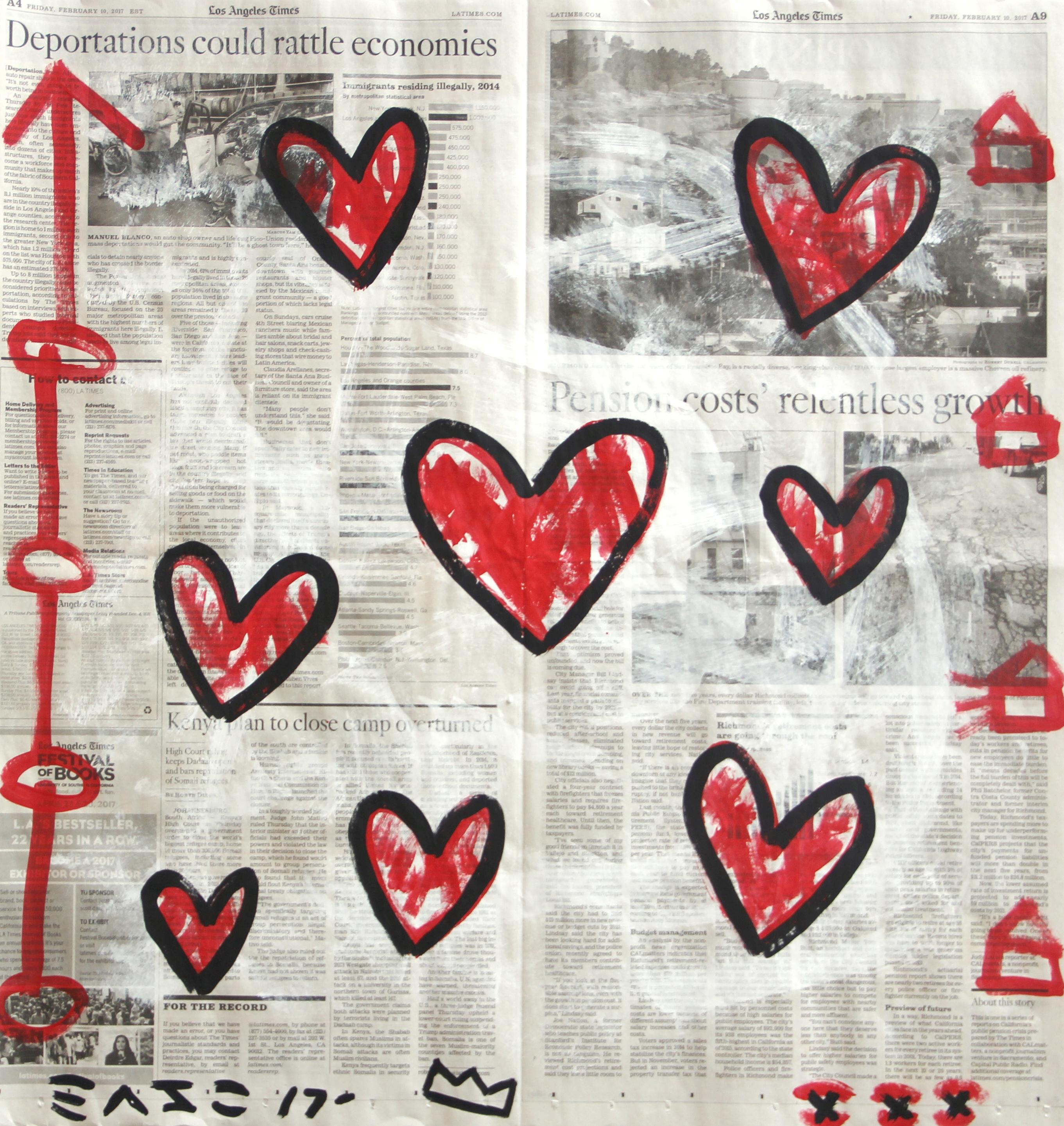 "Love for the Record" - Original Pop Red Hearts on Newspaper by Gary John