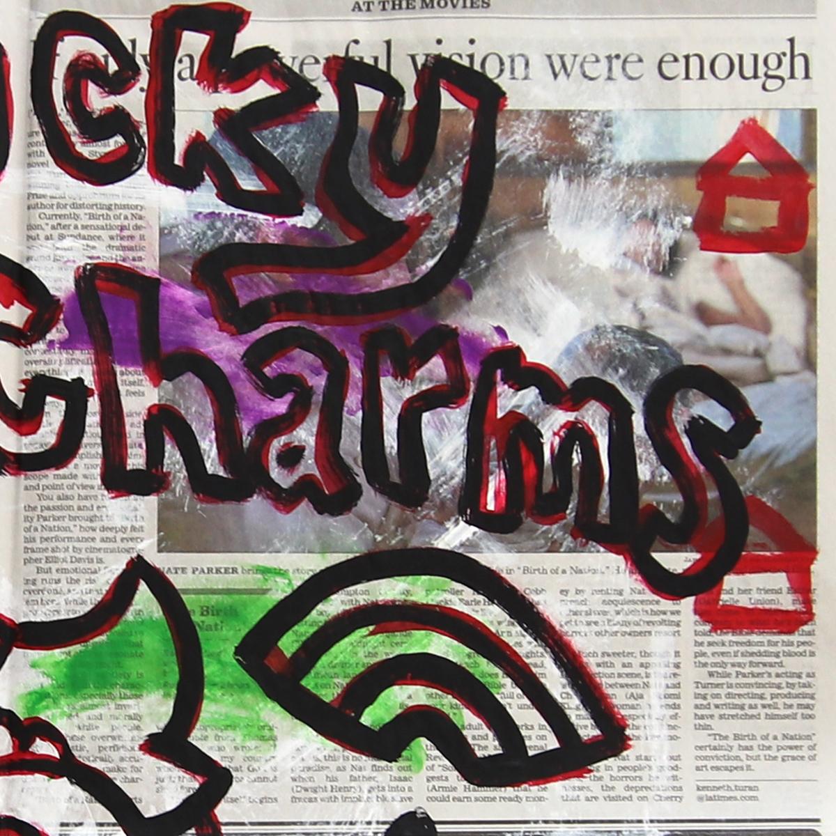 Lucky Charms - Obra de arte original retro pop sobre papel de periódico por Gary John en venta 4