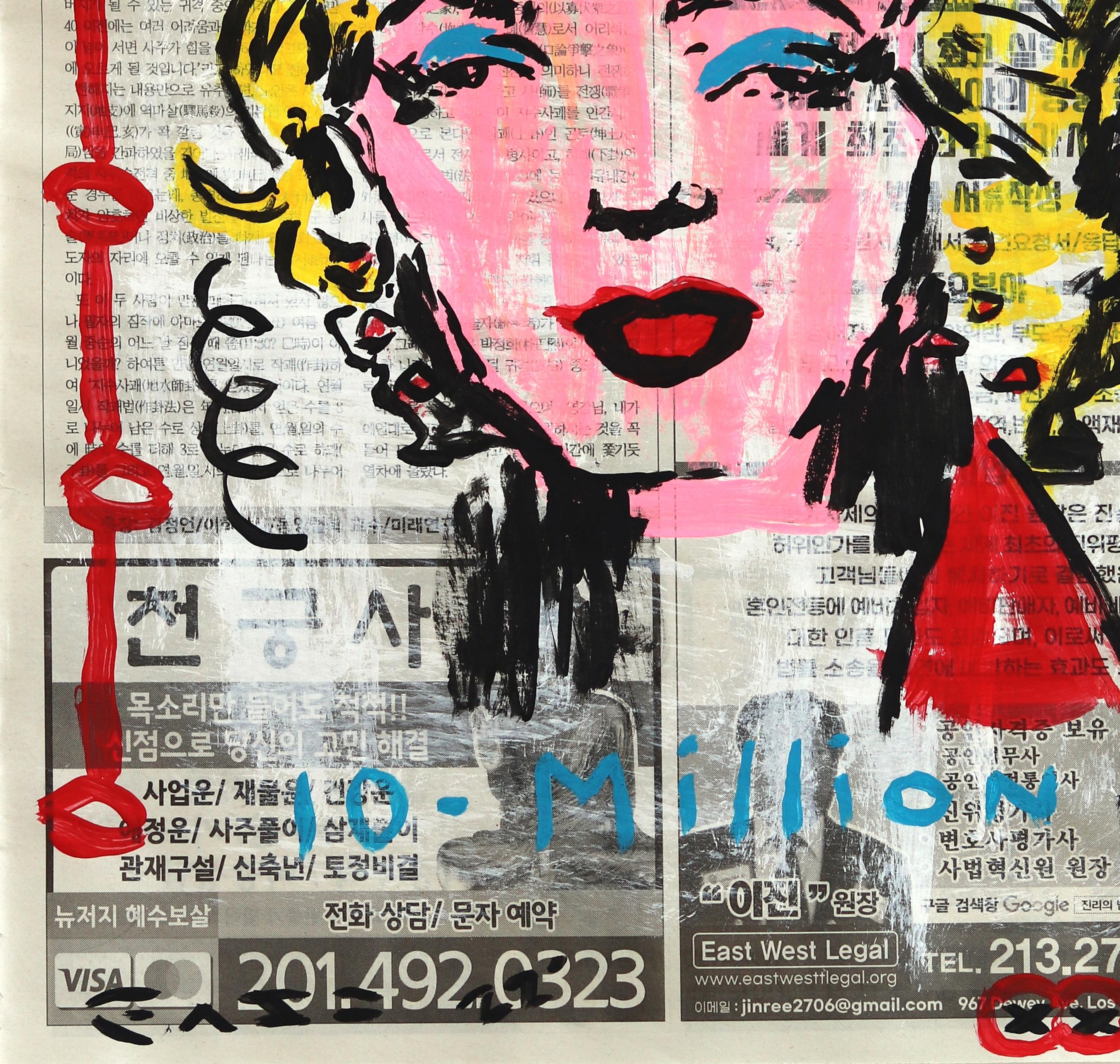 Marilyn Times Ten Million - Pittura originale di Street Art Pop Art su carta da giornale - Figurative Painting Beige di Gary John