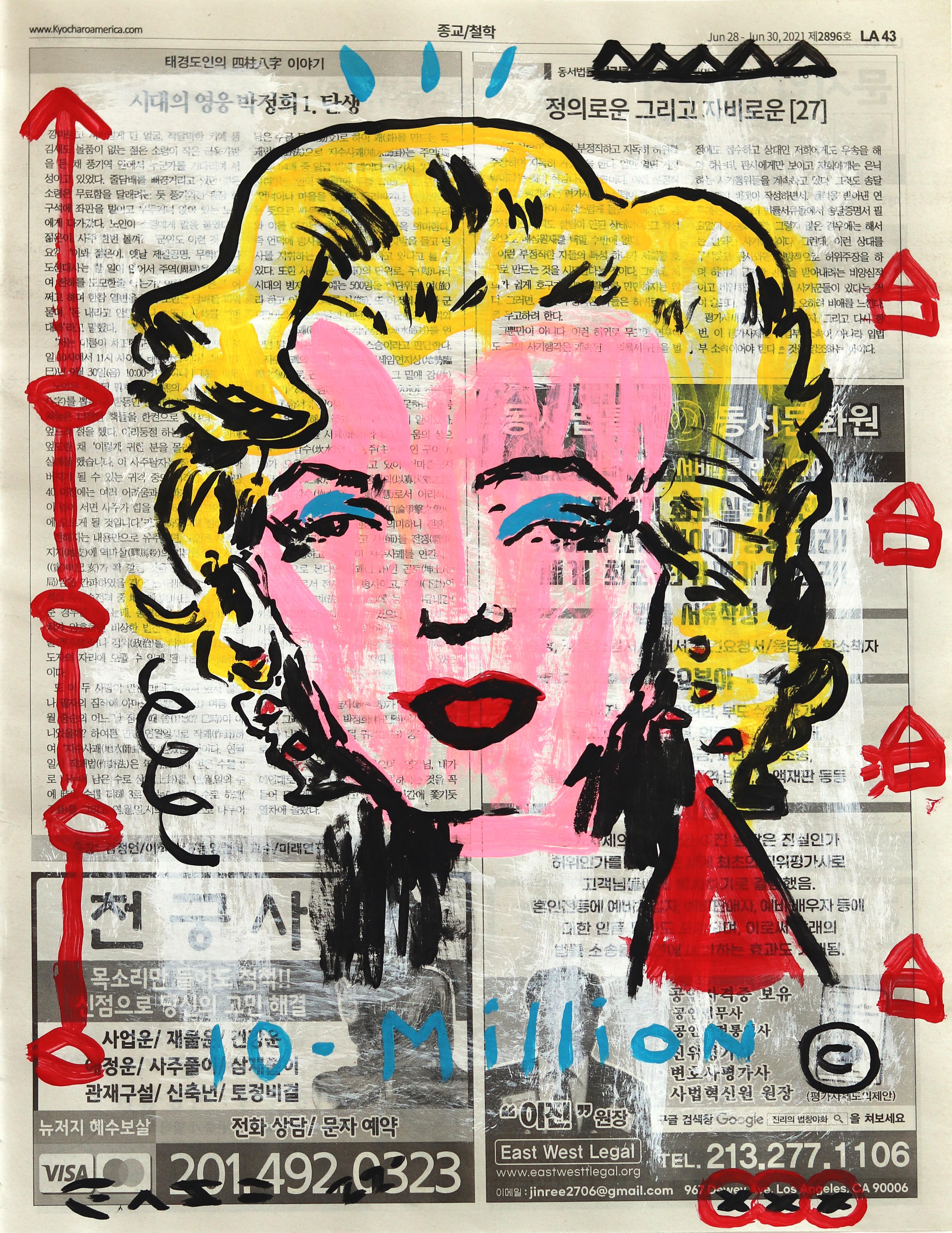 Gary John Figurative Painting - Marilyn Times Ten Million - Original Street Art Pop Art Painting on Newspaper