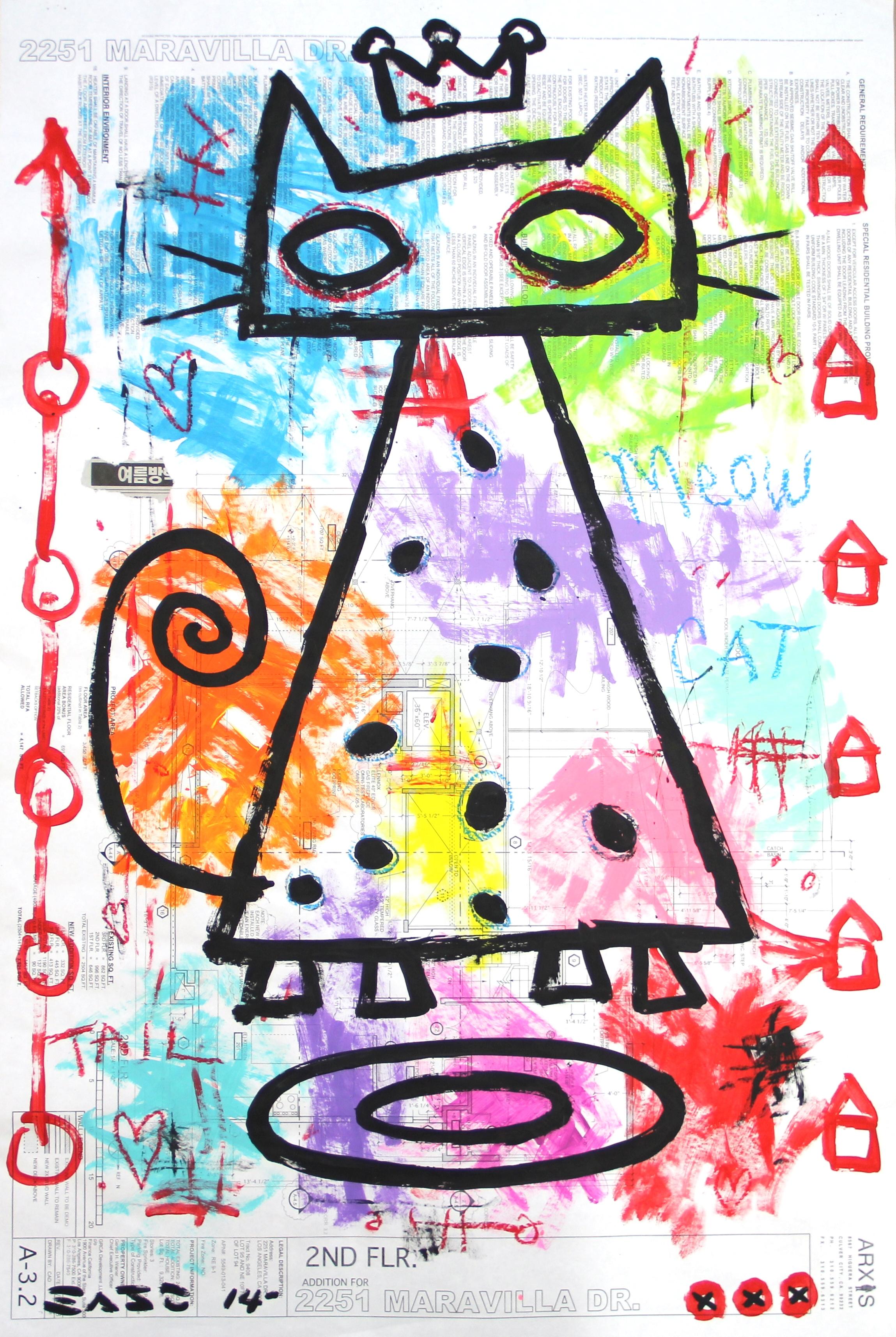 « Meow Cat » -  Art de rue original et coloré de la couronne pop par Gary Johns