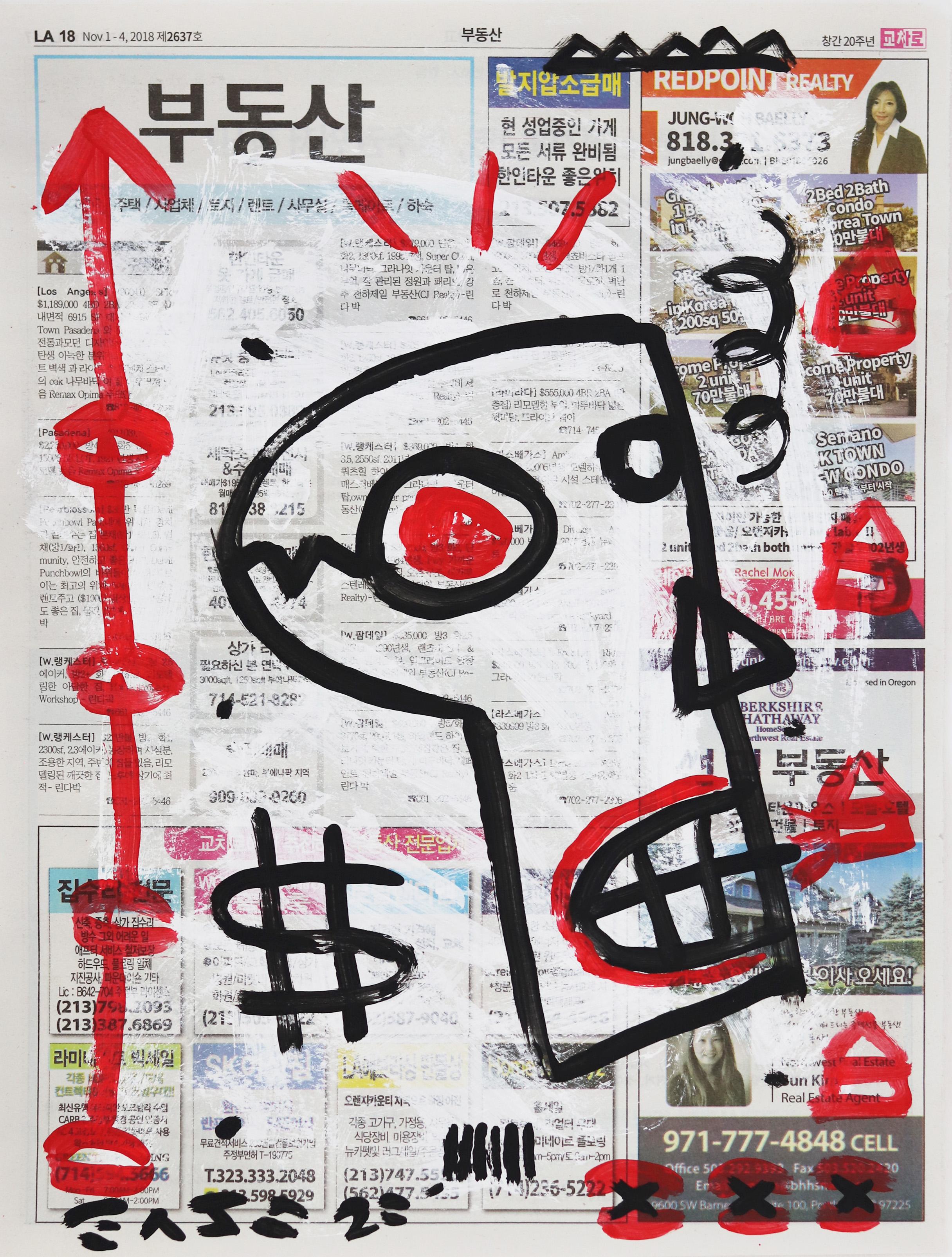 Money On The Mind – Original Schwarz-Weiß-Street-Kunst auf Zeitungspapier