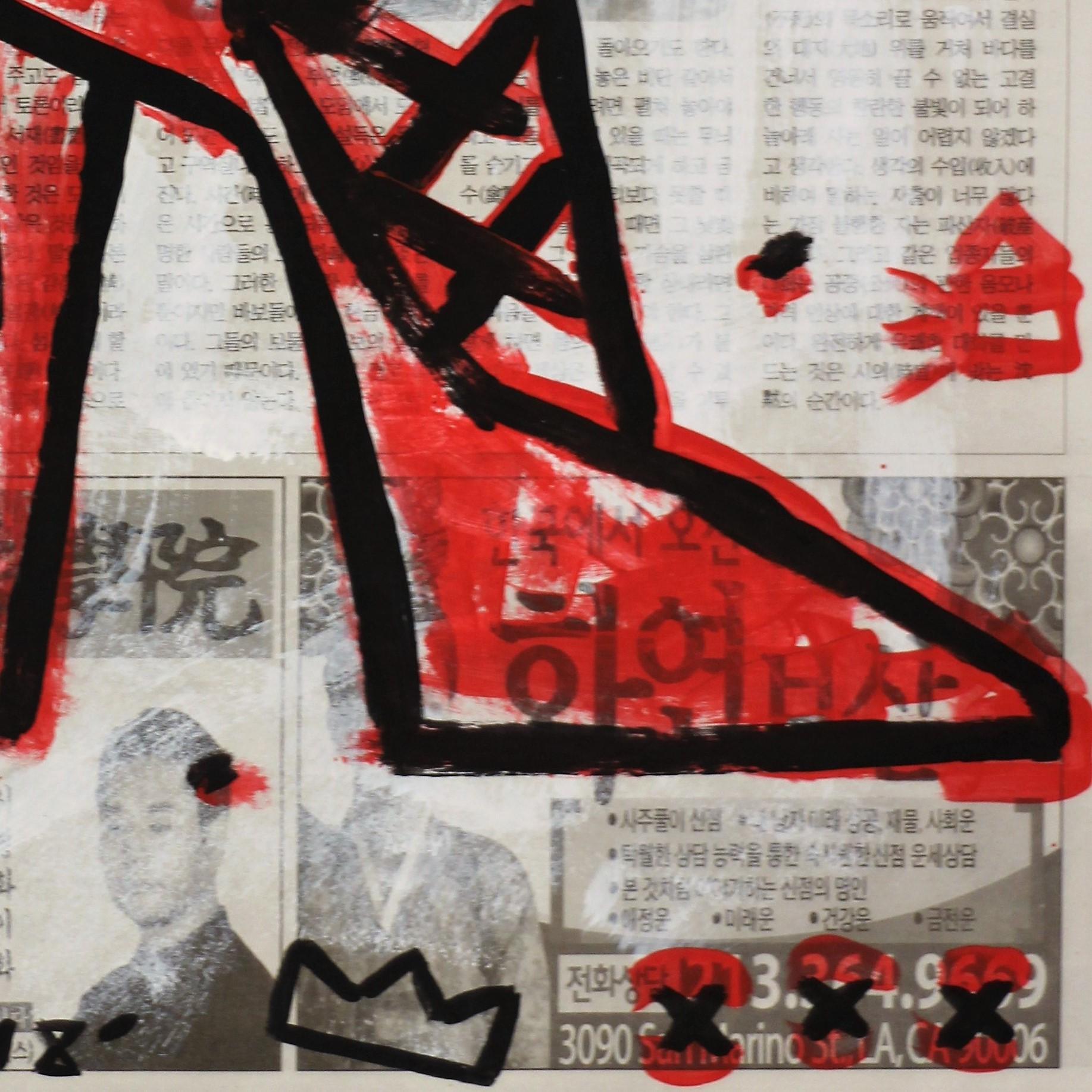 My Dream Shoe - Black and Red Stiletto Original Street Art on Newsprint - Painting by Gary John