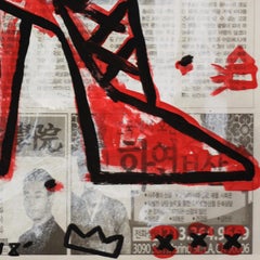 My Dream Shoe - Black and Red Stiletto Original Street Art on Newsprint (Ma chaussure de rêve - Stiletto noir et rouge)